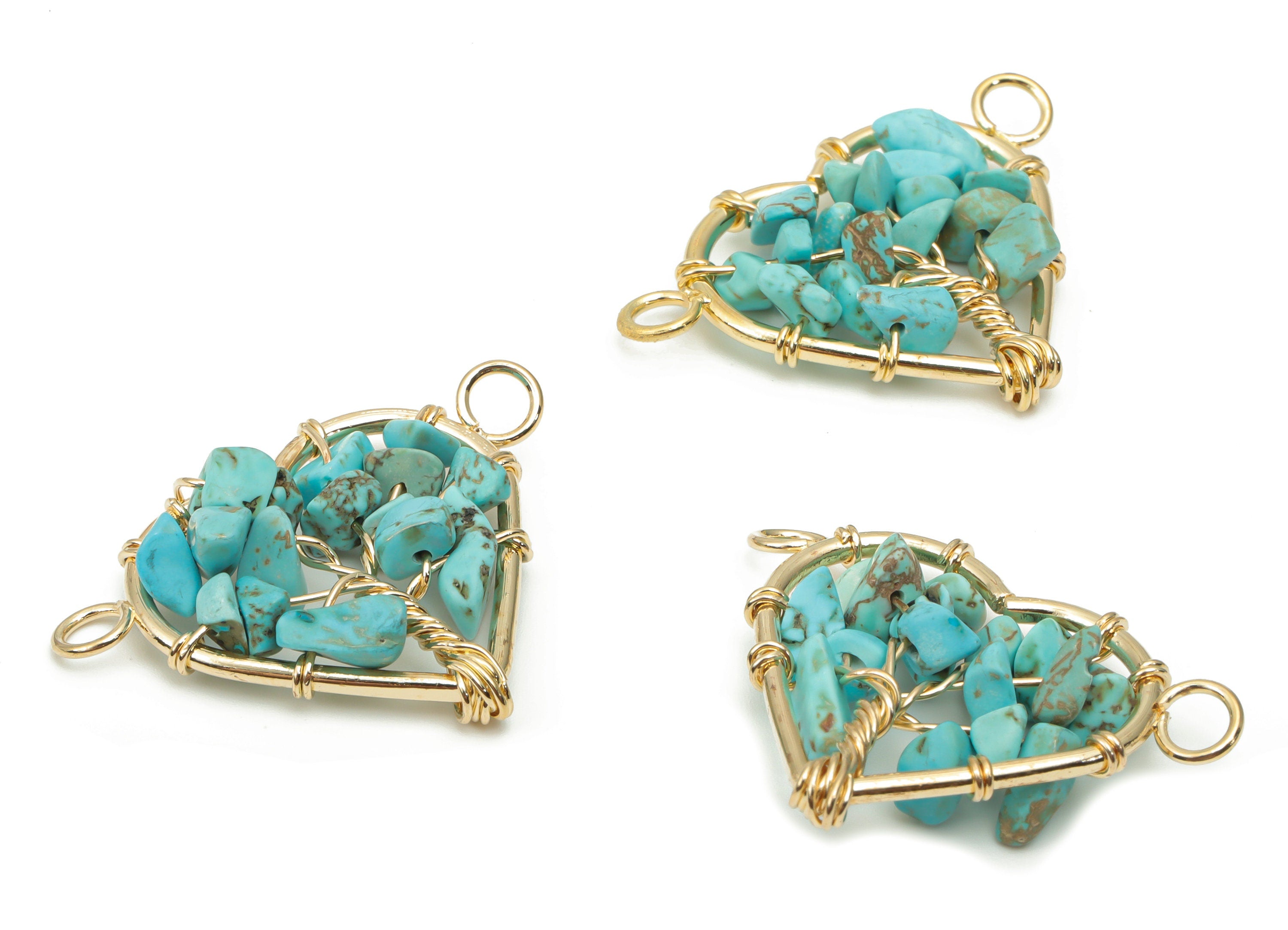 Turquoise Heart Connectors - Brass Wire Wrapped Tree of Life Charms - Natural Stones Chips - Gold Tone Plated Brass – 31.2x24x7.9mm– NS1740F - DOMEDBAZAAR
