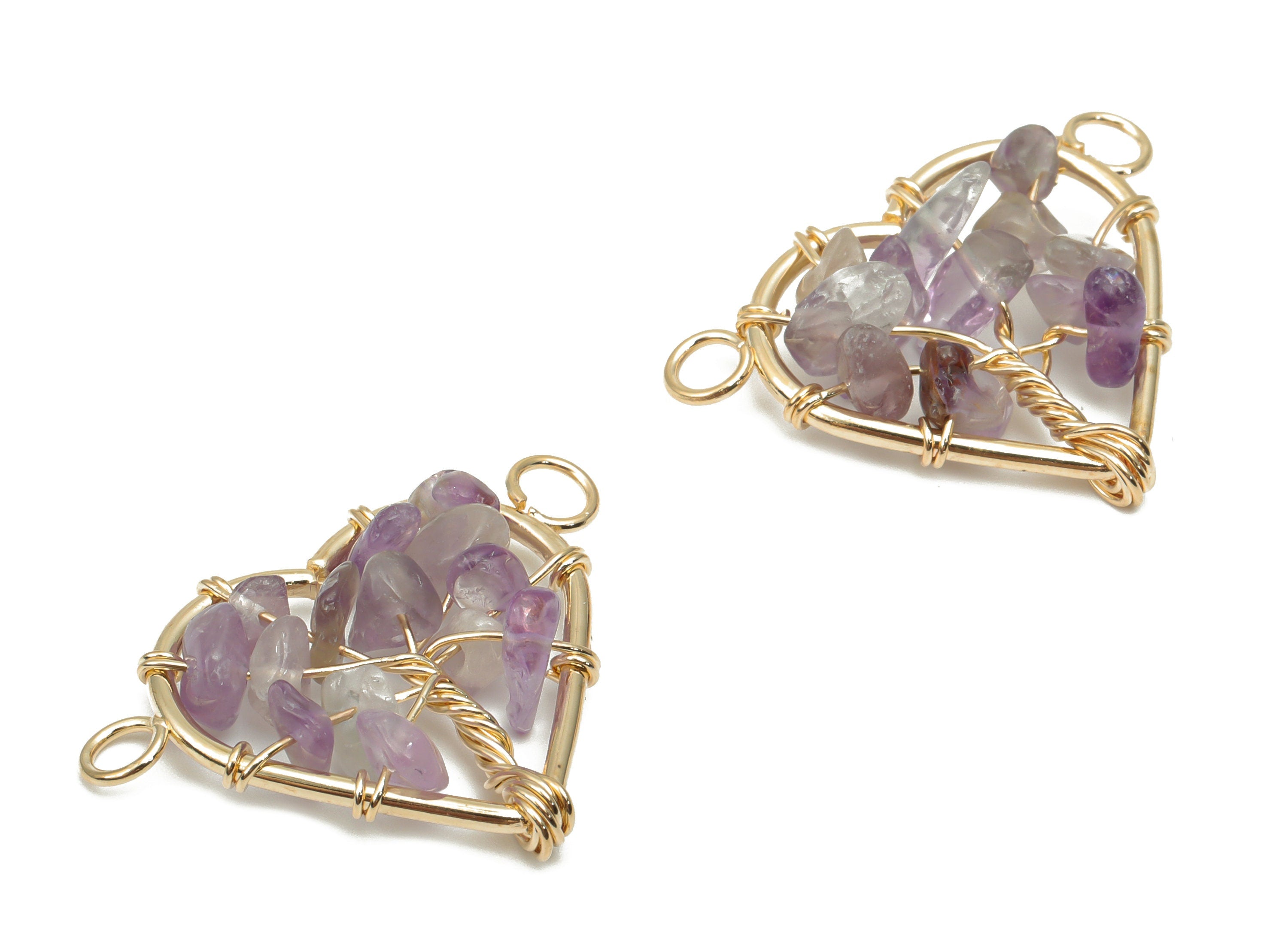 Amethyst Heart Connectors - Brass Wire Wrapped Tree of Life Charms - Natural Stones Chips - Gold Tone Plated Brass – 31.2x24x7.9mm – NS1740B - DOMEDBAZAAR