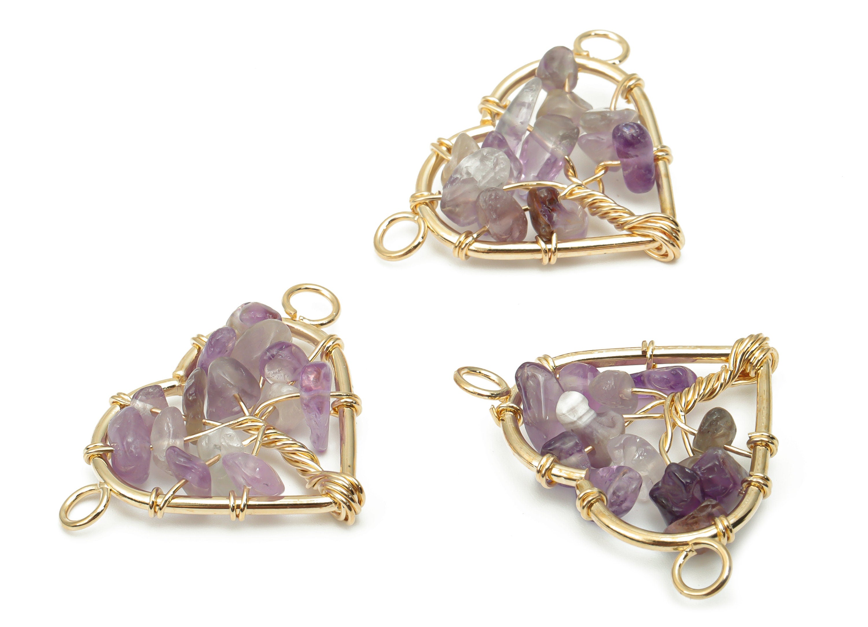 Amethyst Heart Connectors - Brass Wire Wrapped Tree of Life Charms - Natural Stones Chips - Gold Tone Plated Brass – 31.2x24x7.9mm – NS1740B - DOMEDBAZAAR