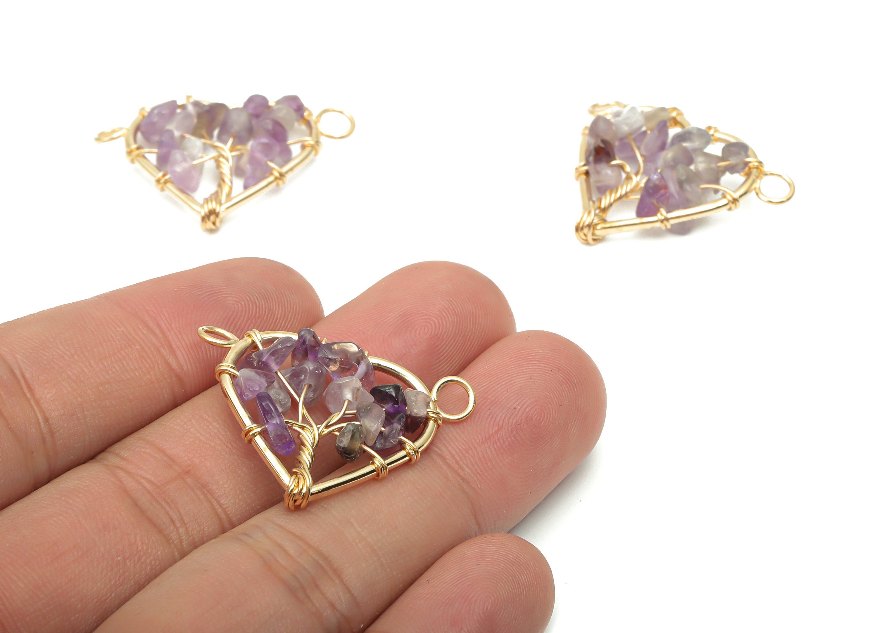 Amethyst Heart Connectors - Brass Wire Wrapped Tree of Life Charms - Natural Stones Chips - Gold Tone Plated Brass – 31.2x24x7.9mm – NS1740B - DOMEDBAZAAR