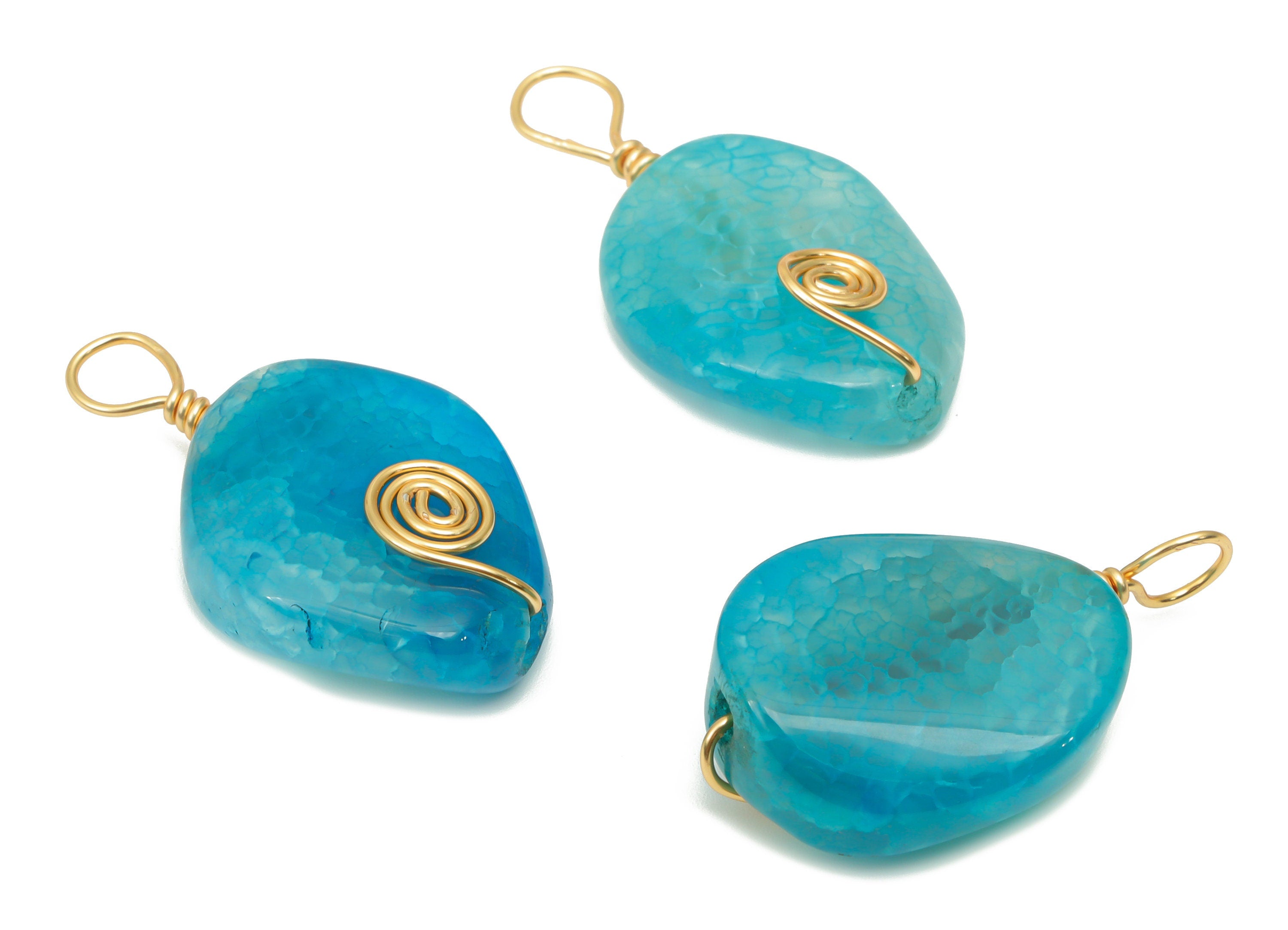 Blue Agate Crystal Earring Charms - Brass Wire Wrapped Oval Pendant - Natural Stone - Gold Tone Plated Brass – 32.09x17.89x6.58mm – NS1752 - DOMEDBAZAAR