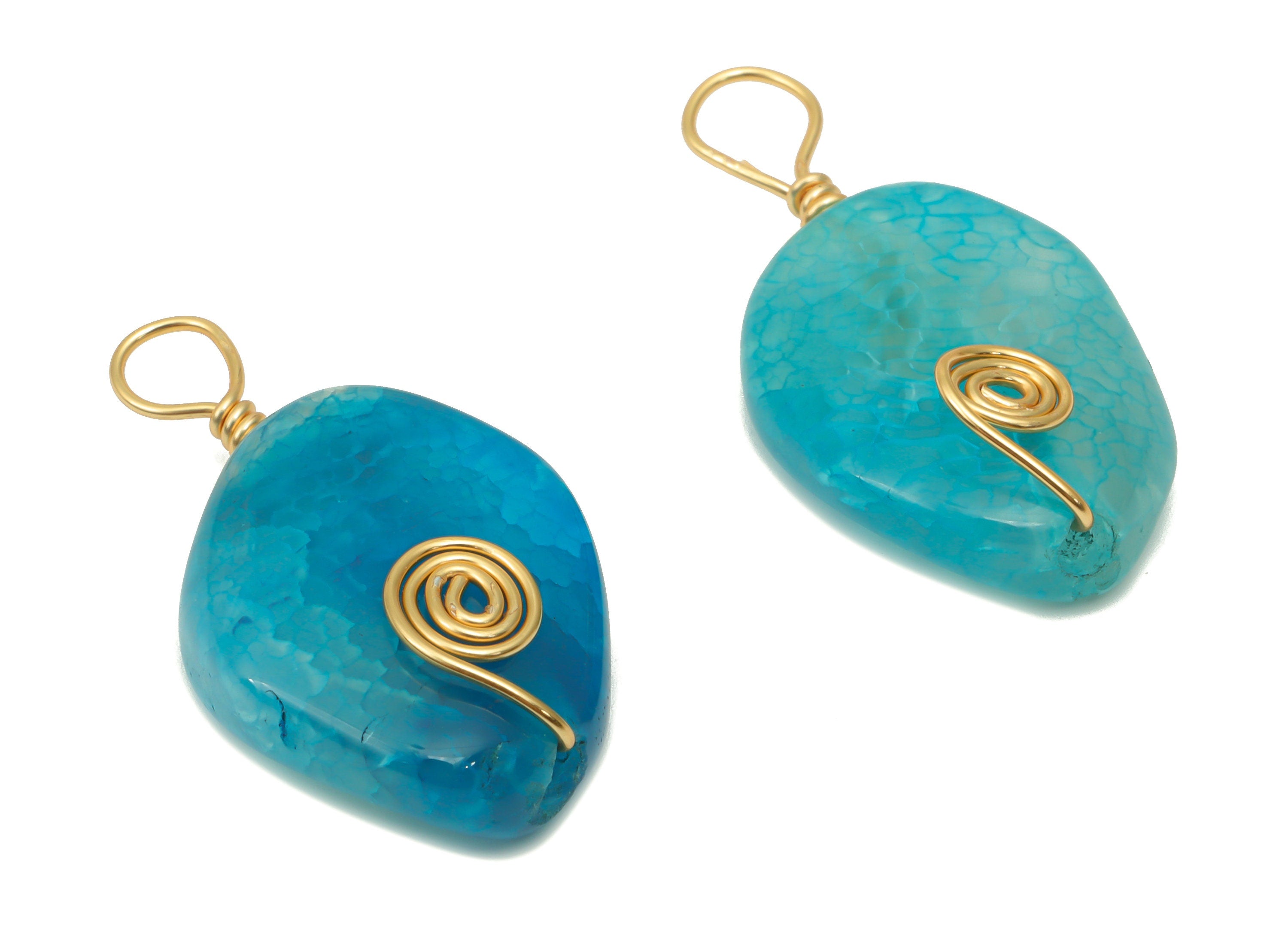 Blue Agate Crystal Earring Charms - Brass Wire Wrapped Oval Pendant - Natural Stone - Gold Tone Plated Brass – 32.09x17.89x6.58mm – NS1752 - DOMEDBAZAAR