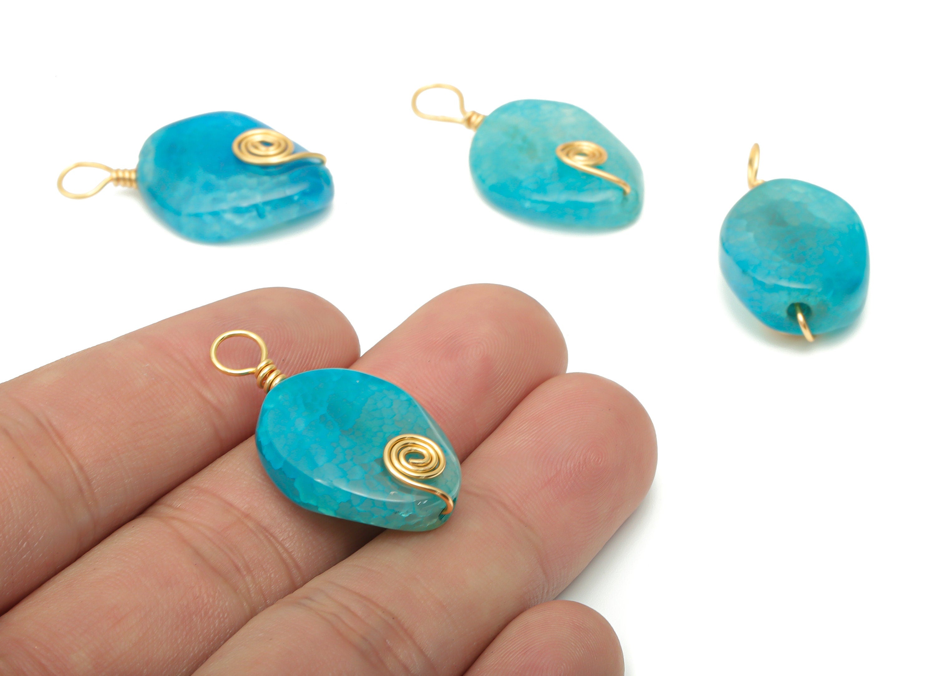 Blue Agate Crystal Earring Charms - Brass Wire Wrapped Oval Pendant - Natural Stone - Gold Tone Plated Brass – 32.09x17.89x6.58mm – NS1752 - DOMEDBAZAAR