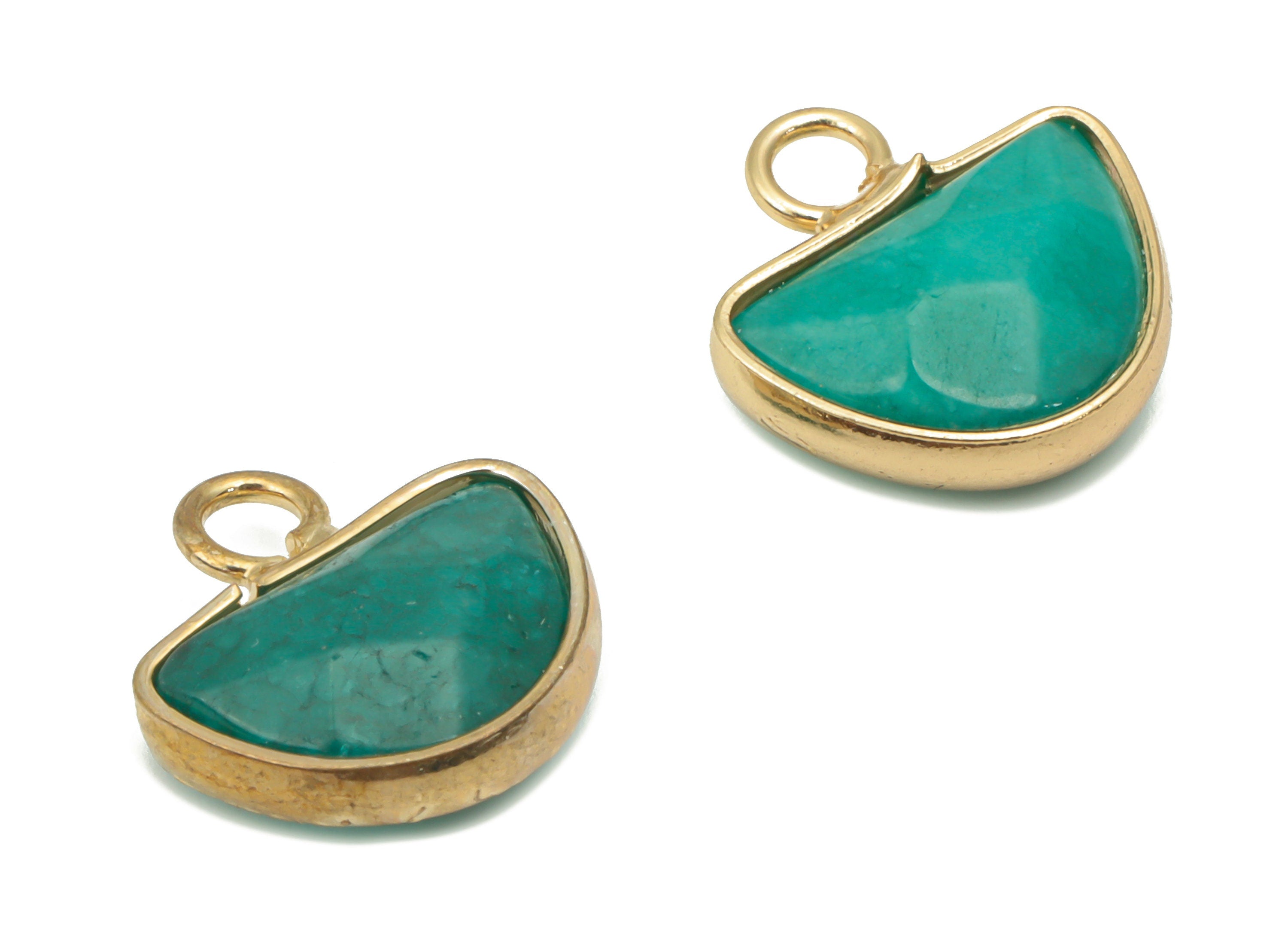 Green Jade Domed Earring Charms - Brass Half Moon Pendant - Faceted Natural Stone - Gold Tone Plated Brass – 14.21x13.34x5.08mm – NS1753B - DOMEDBAZAAR