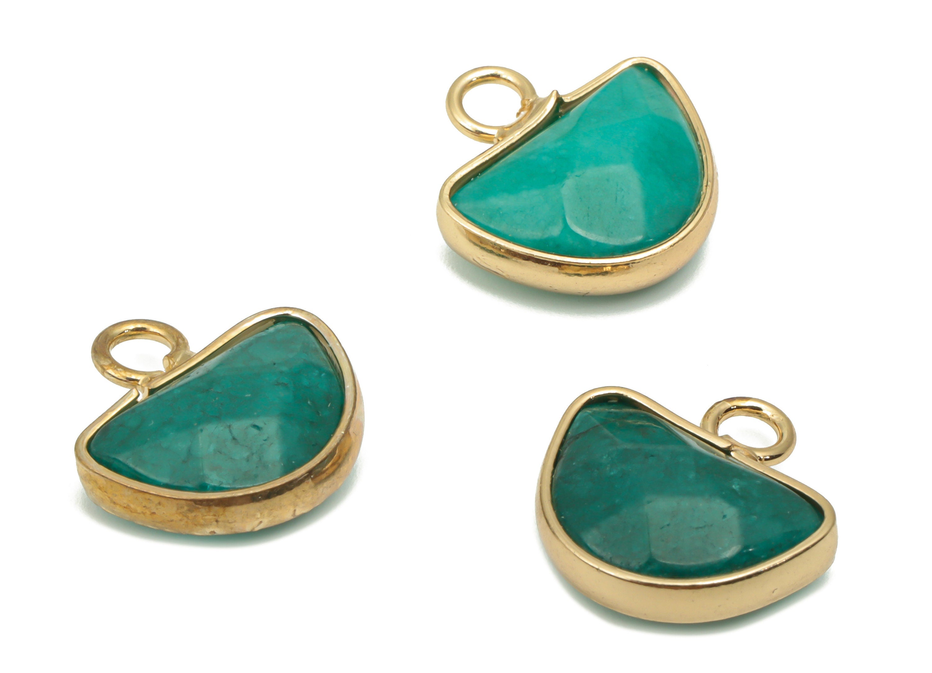 Green Jade Domed Earring Charms - Brass Half Moon Pendant - Faceted Natural Stone - Gold Tone Plated Brass – 14.21x13.34x5.08mm – NS1753B - DOMEDBAZAAR