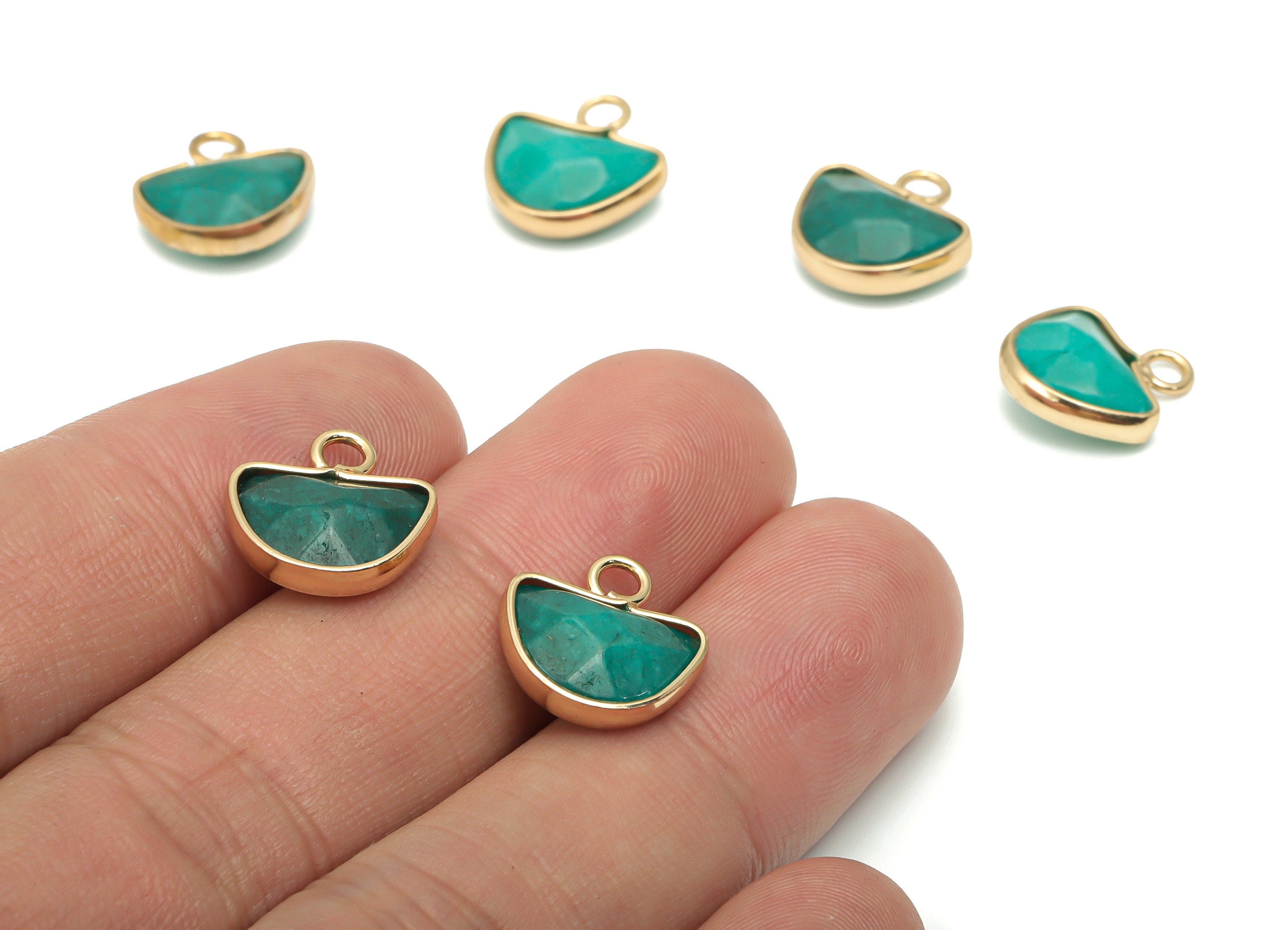 Green Jade Domed Earring Charms - Brass Half Moon Pendant - Faceted Natural Stone - Gold Tone Plated Brass – 14.21x13.34x5.08mm – NS1753B - DOMEDBAZAAR