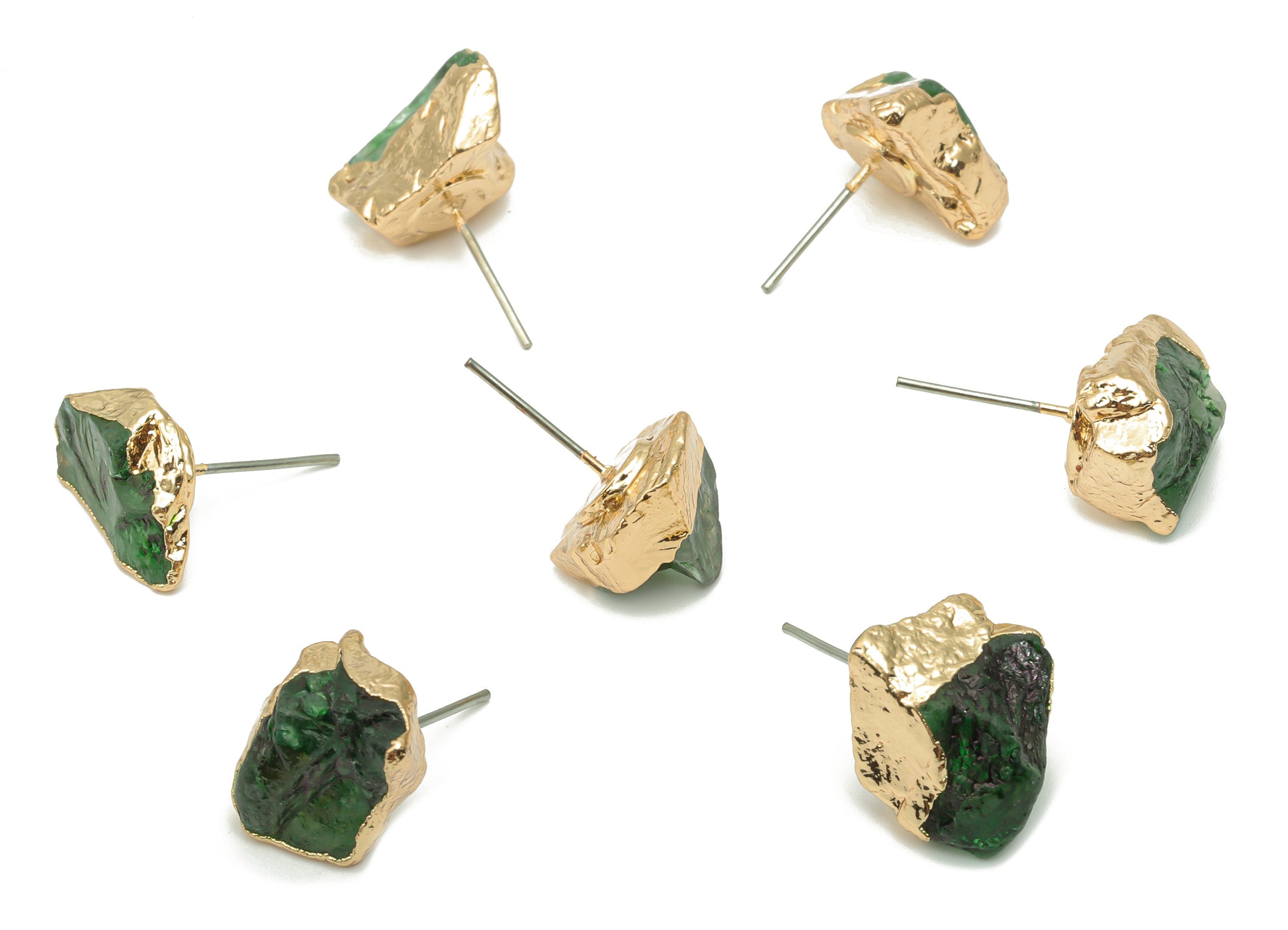 Green Fluonite Raw Stone Earring Stud - Natural Stone Earring Post -  Gold Tone Plated Stone – Stainless Steel Stud - 12x11x8mm – NS1741A - DOMEDBAZAAR