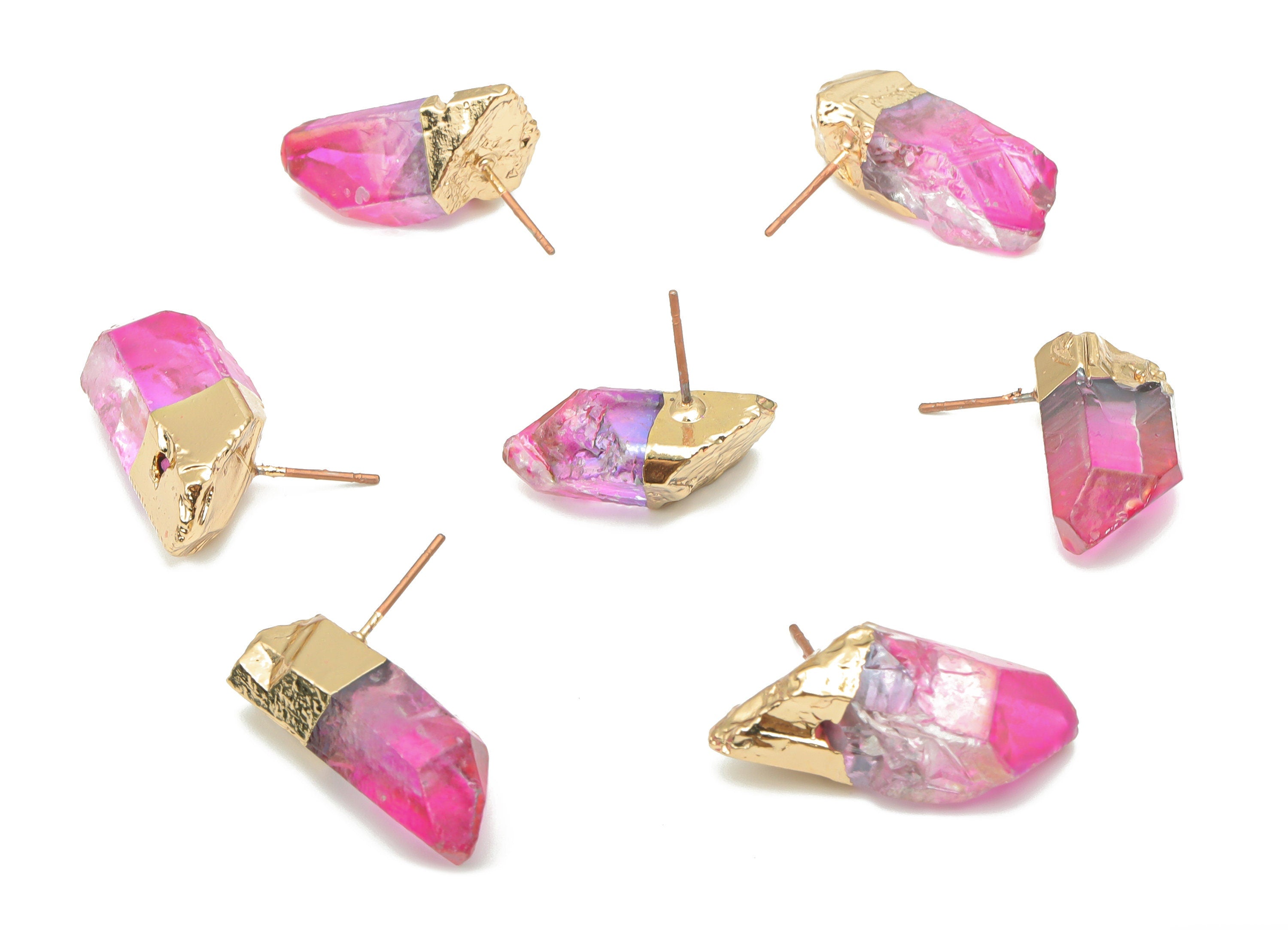 Purple Aura Quartz Crystal Earring Stud - Natural Stone Earring Post -  Gold Tone Plated Stone – Stainless Steel Stud - 24x10x10mm–NS1742D - DOMEDBAZAAR