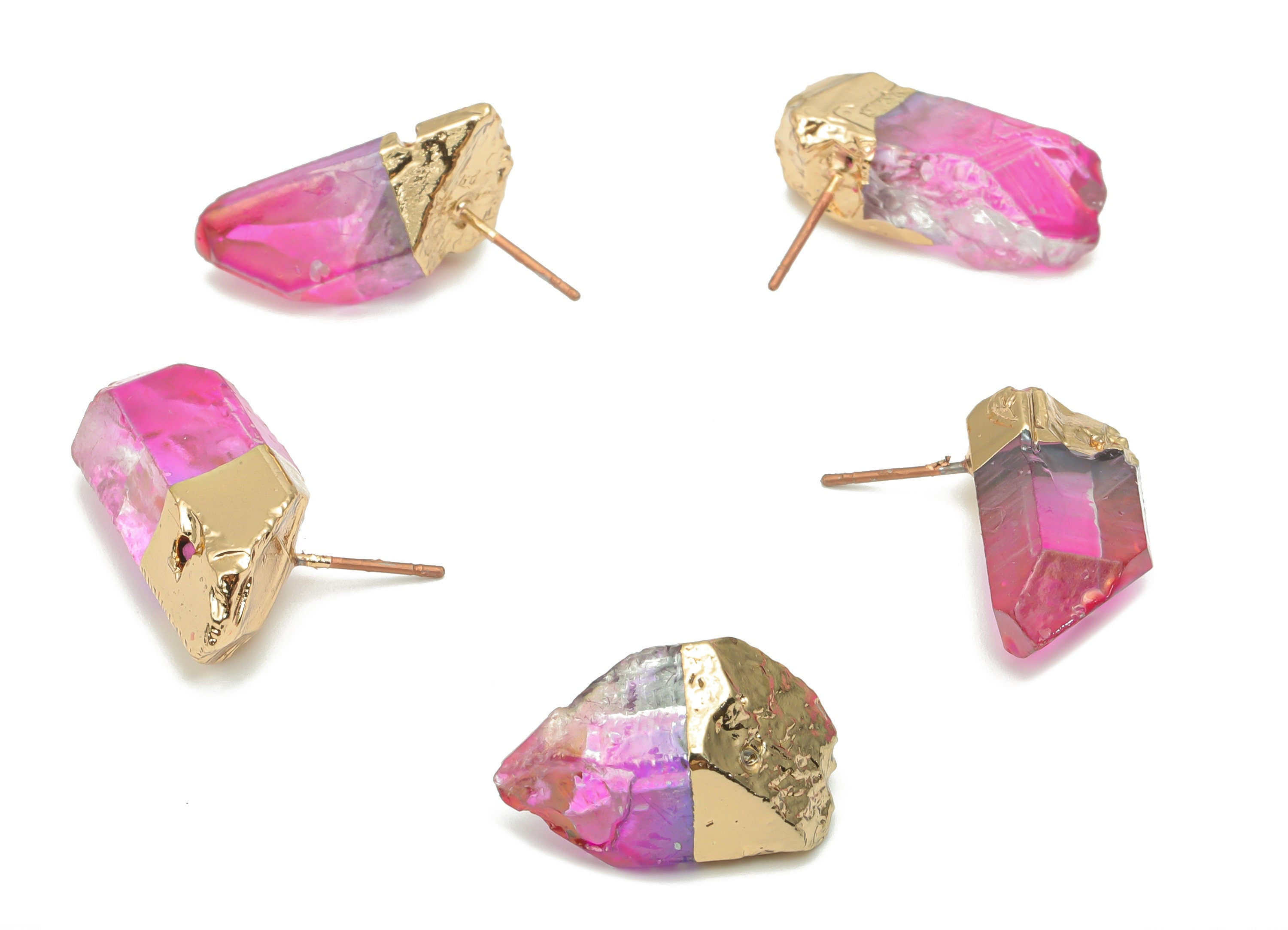 Purple Aura Quartz Crystal Earring Stud - Natural Stone Earring Post -  Gold Tone Plated Stone – Stainless Steel Stud - 24x10x10mm–NS1742D - DOMEDBAZAAR