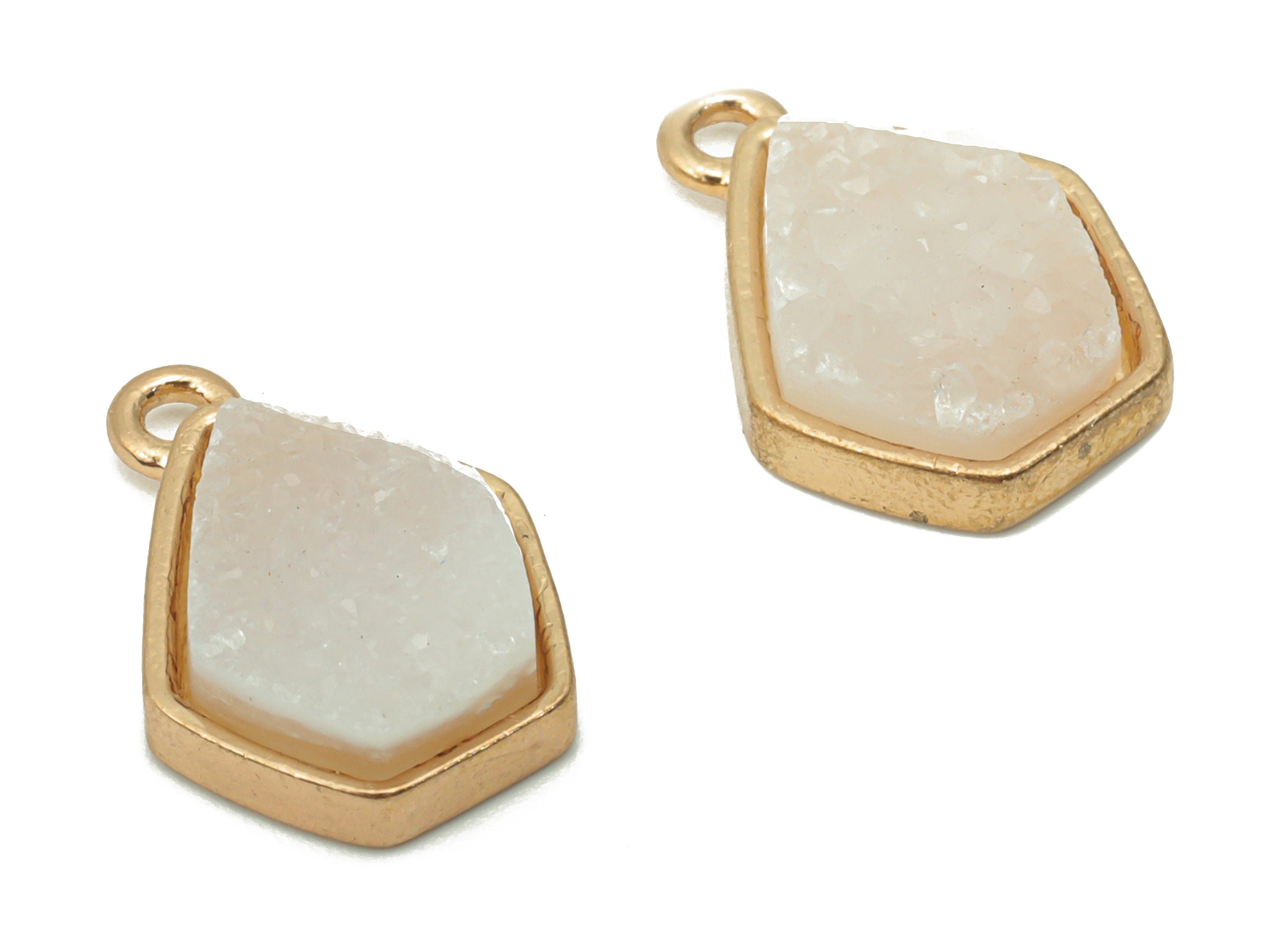 Pink Quartz Crystal Earring Charms - Brass Diamond Drop Pendant - Natural Stone - Gold Tone Plated Brass –  15.56x10.33x4.21mm – NS1748 - DOMEDBAZAAR