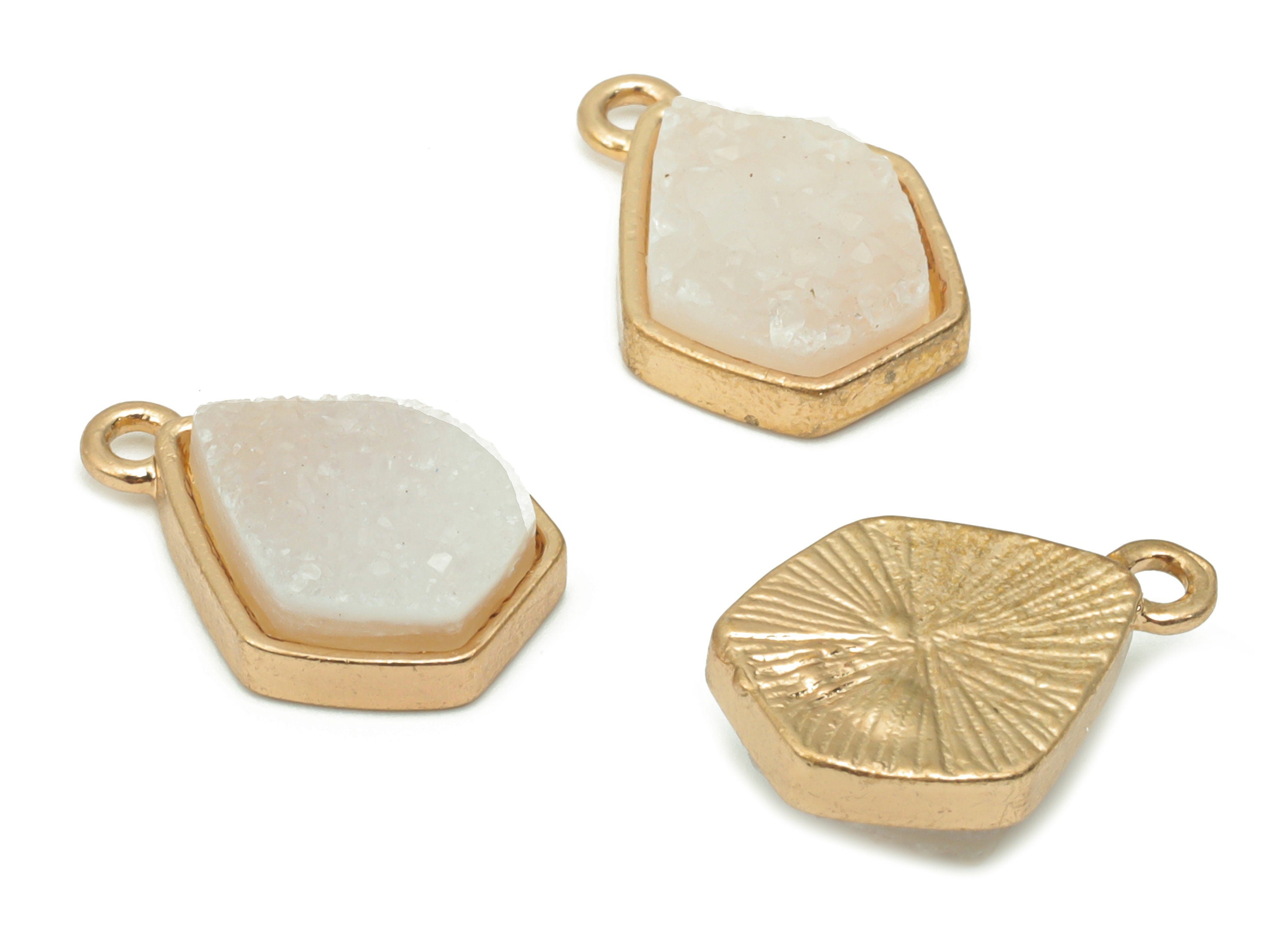 Pink Quartz Crystal Earring Charms - Brass Diamond Drop Pendant - Natural Stone - Gold Tone Plated Brass –  15.56x10.33x4.21mm – NS1748 - DOMEDBAZAAR