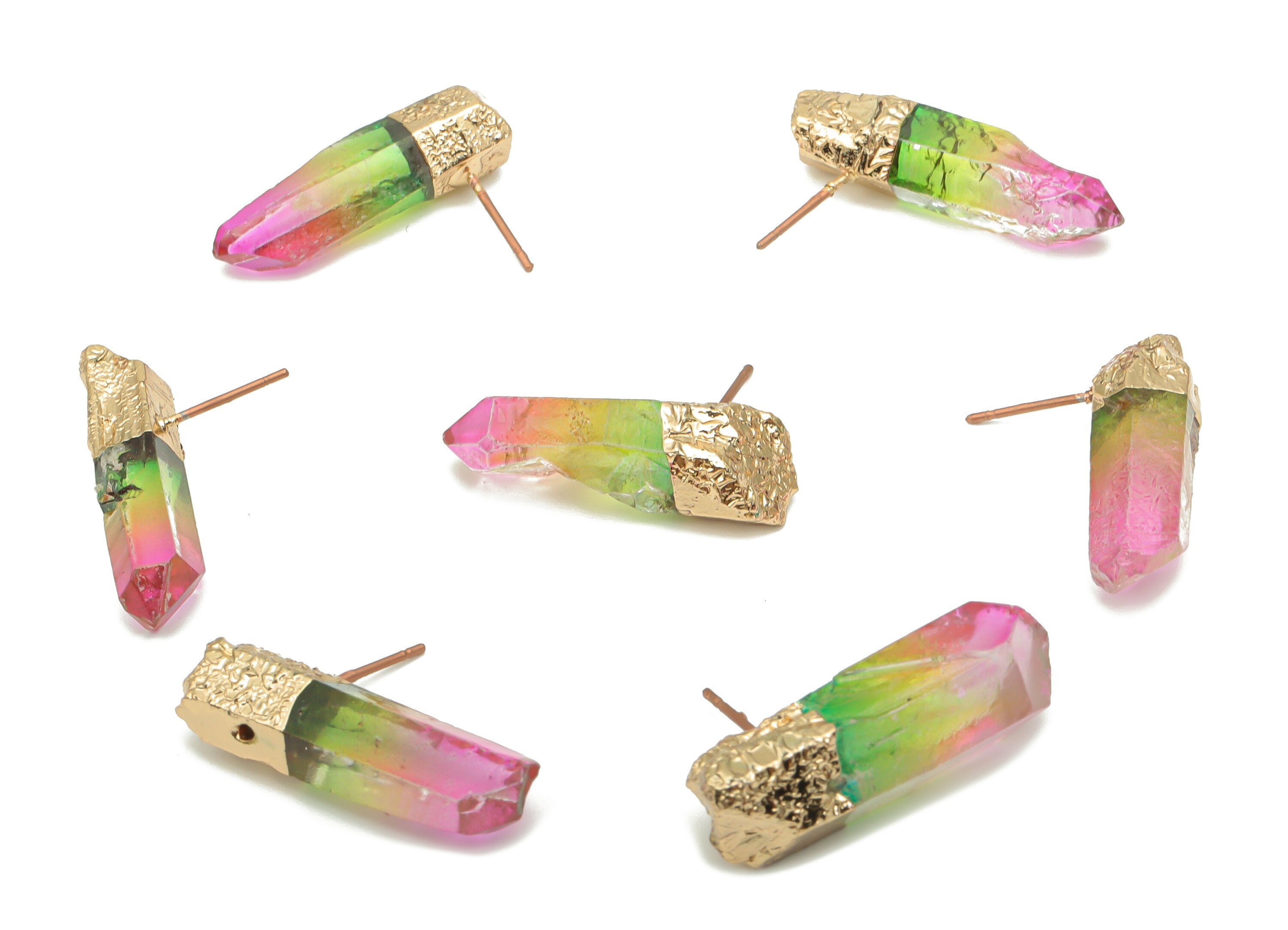 Rainbow Aura Quartz Crystal Earring Stud - Natural Stone Earring Post -  Gold Tone Plated Stone – Stainless Steel Stud - 24x7x6mm –NS1742B - DOMEDBAZAAR
