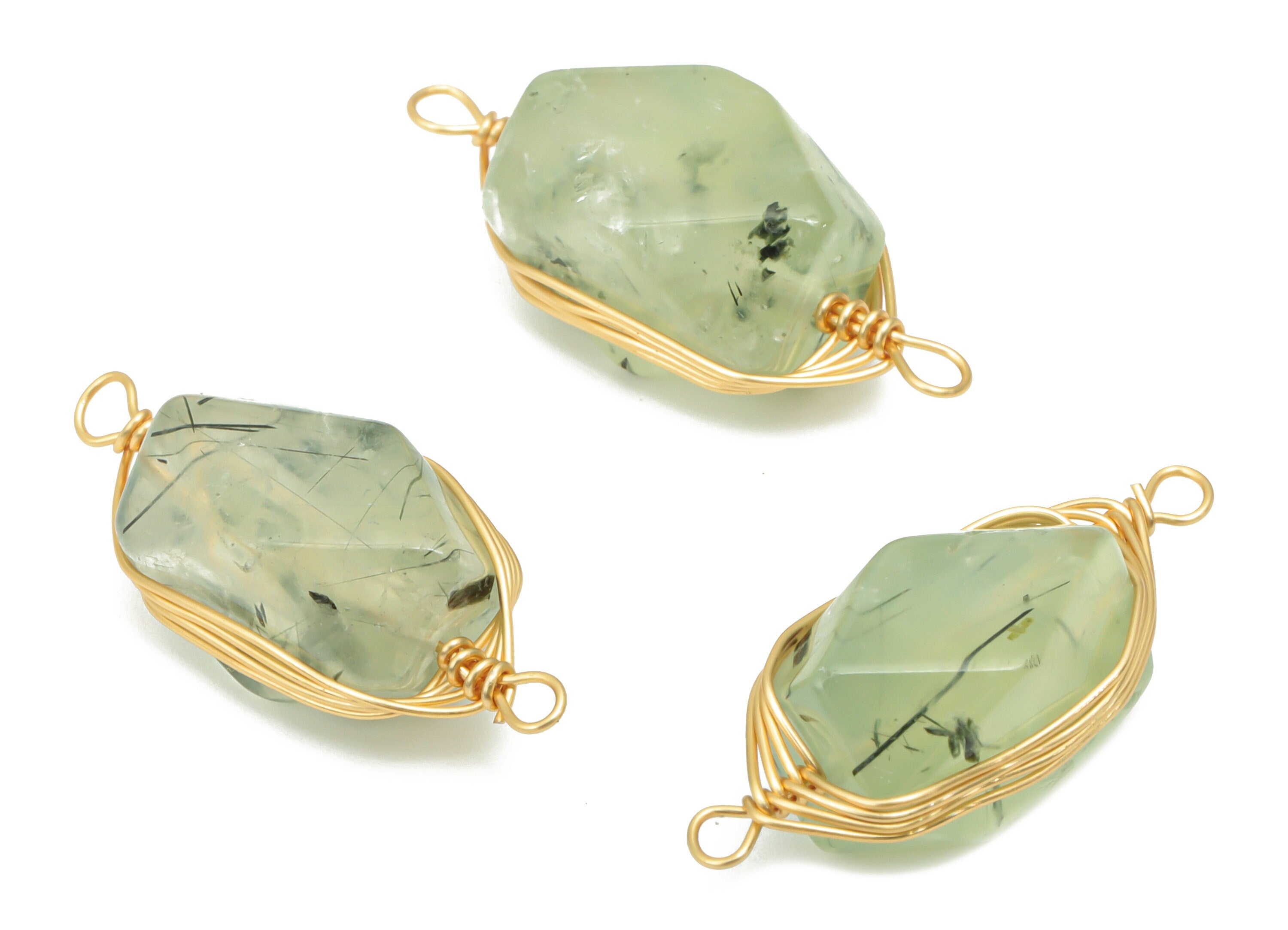 Prehnite Faceted Earring Connector - Brass Wire Wrapping Bracelet Connector - Natural Stone - Gold Tone Plated Brass – 23.3x9x8mm – NS1744A - DOMEDBAZAAR