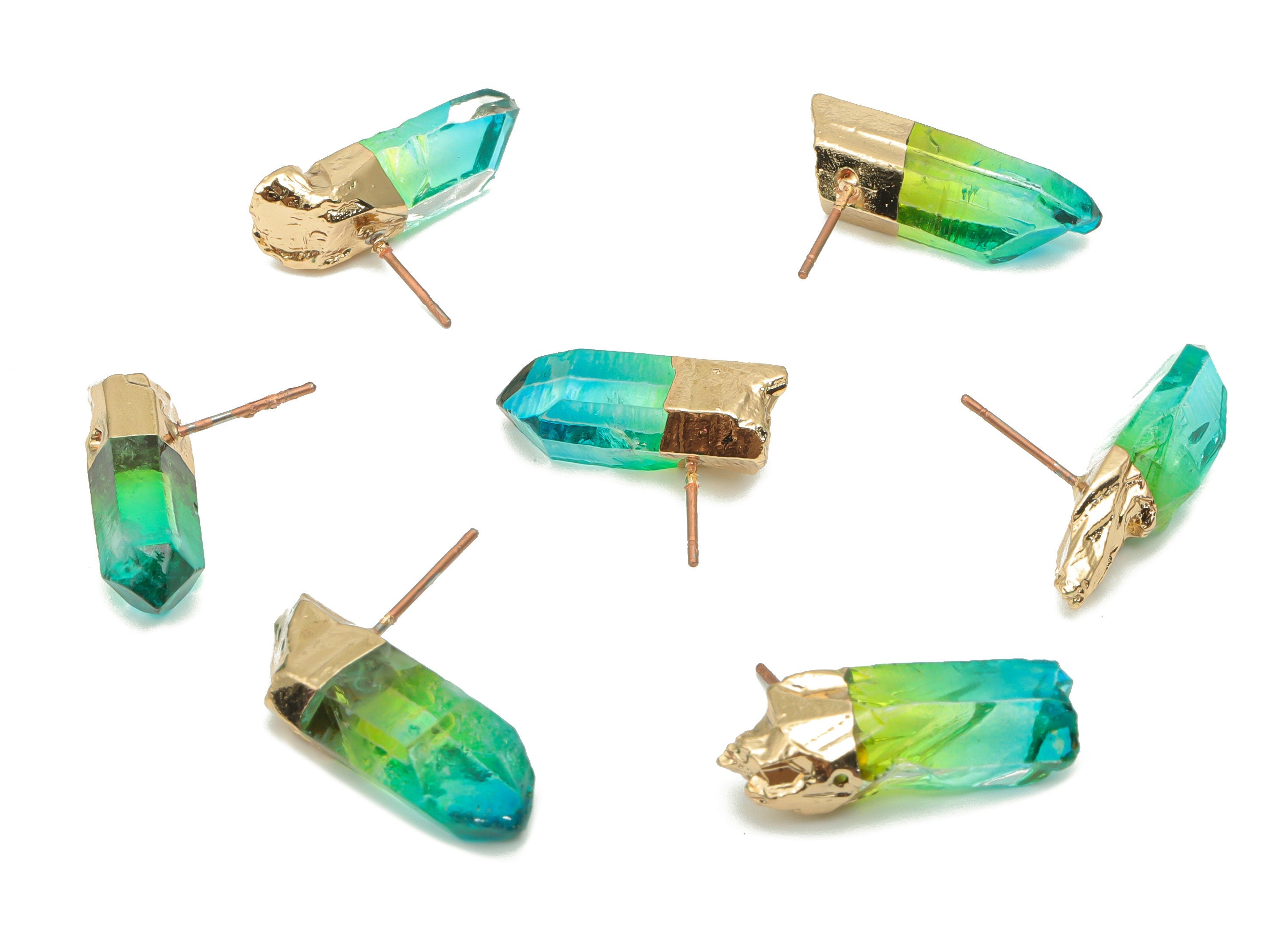 Green Aura Quartz Crystal Earring Stud - Natural Stone Earring Post -  Gold Tone Plated Stone – Stainless Steel Stud - 24x8x8mm – NS1742A - DOMEDBAZAAR