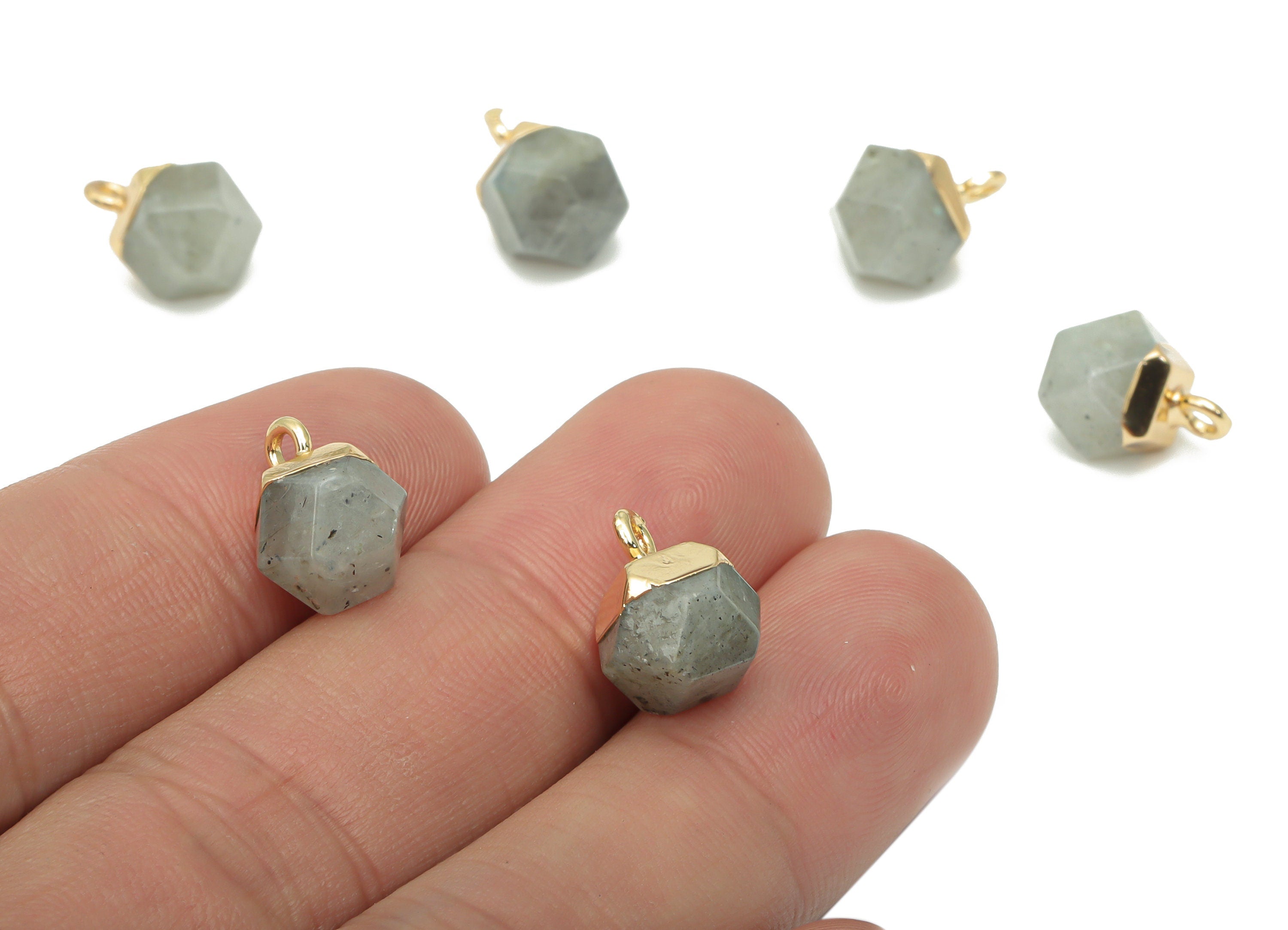 Labradorite Hexagon Earring Charms - Iron Hexagon Pendant - Faceted Natural Stone - Gold Tone Plated Iron – 11.56x7.96x7.96mm – NS1849D - DOMEDBAZAAR
