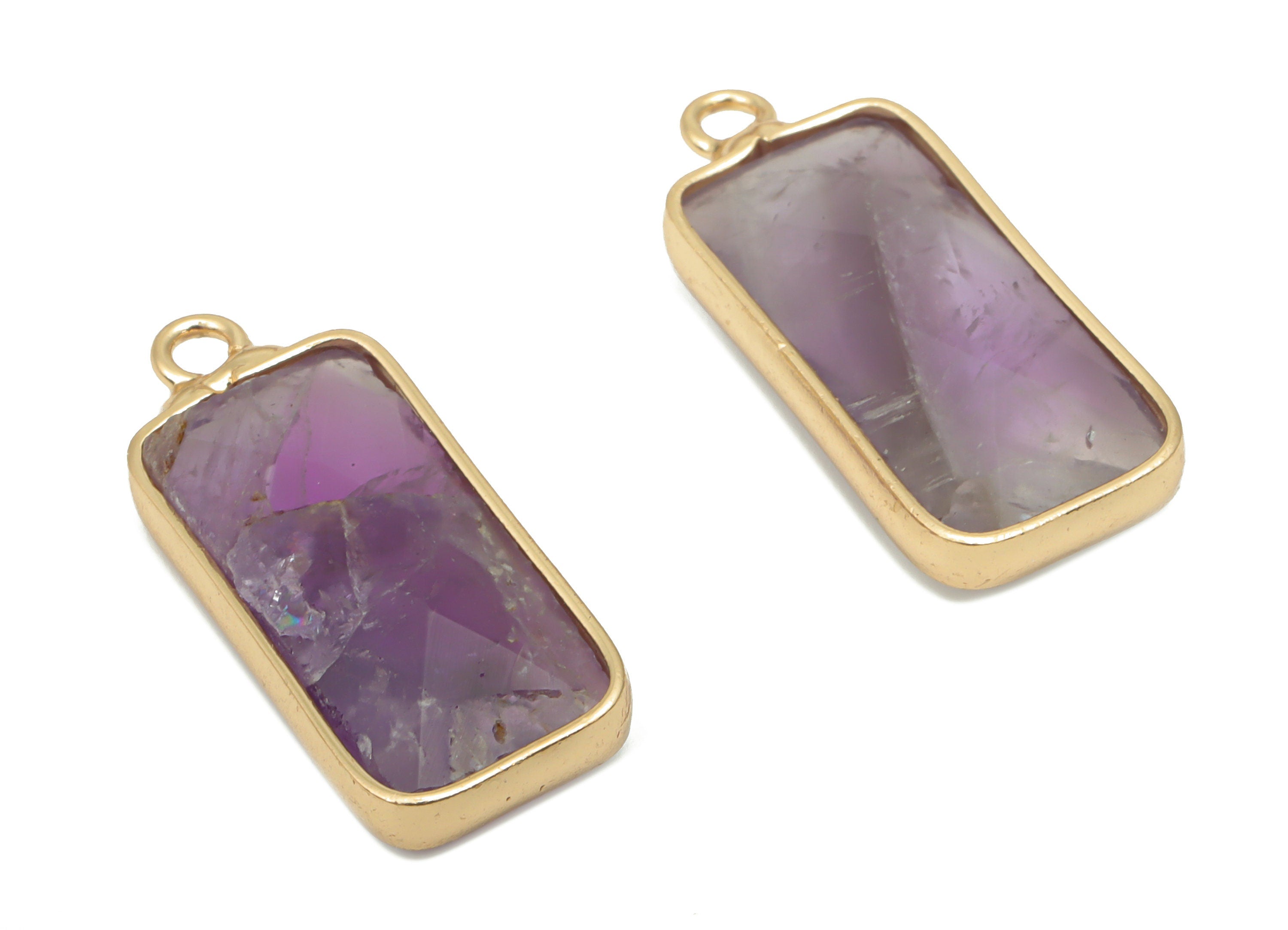 Amethyst Rectangle Earring Charms - Brass Rectangle Pendant - Faceted Natural Stone - Gold Tone Plated Brass – 21.26x9.5x4.35mm – NS1758 - DOMEDBAZAAR