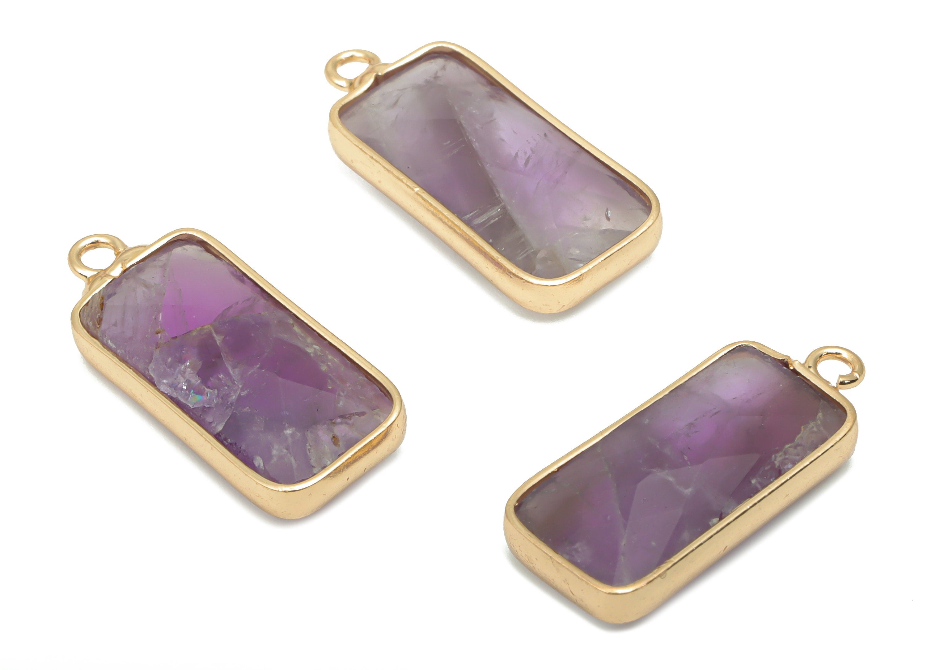 Amethyst Rectangle Earring Charms - Brass Rectangle Pendant - Faceted Natural Stone - Gold Tone Plated Brass – 21.26x9.5x4.35mm – NS1758 - DOMEDBAZAAR