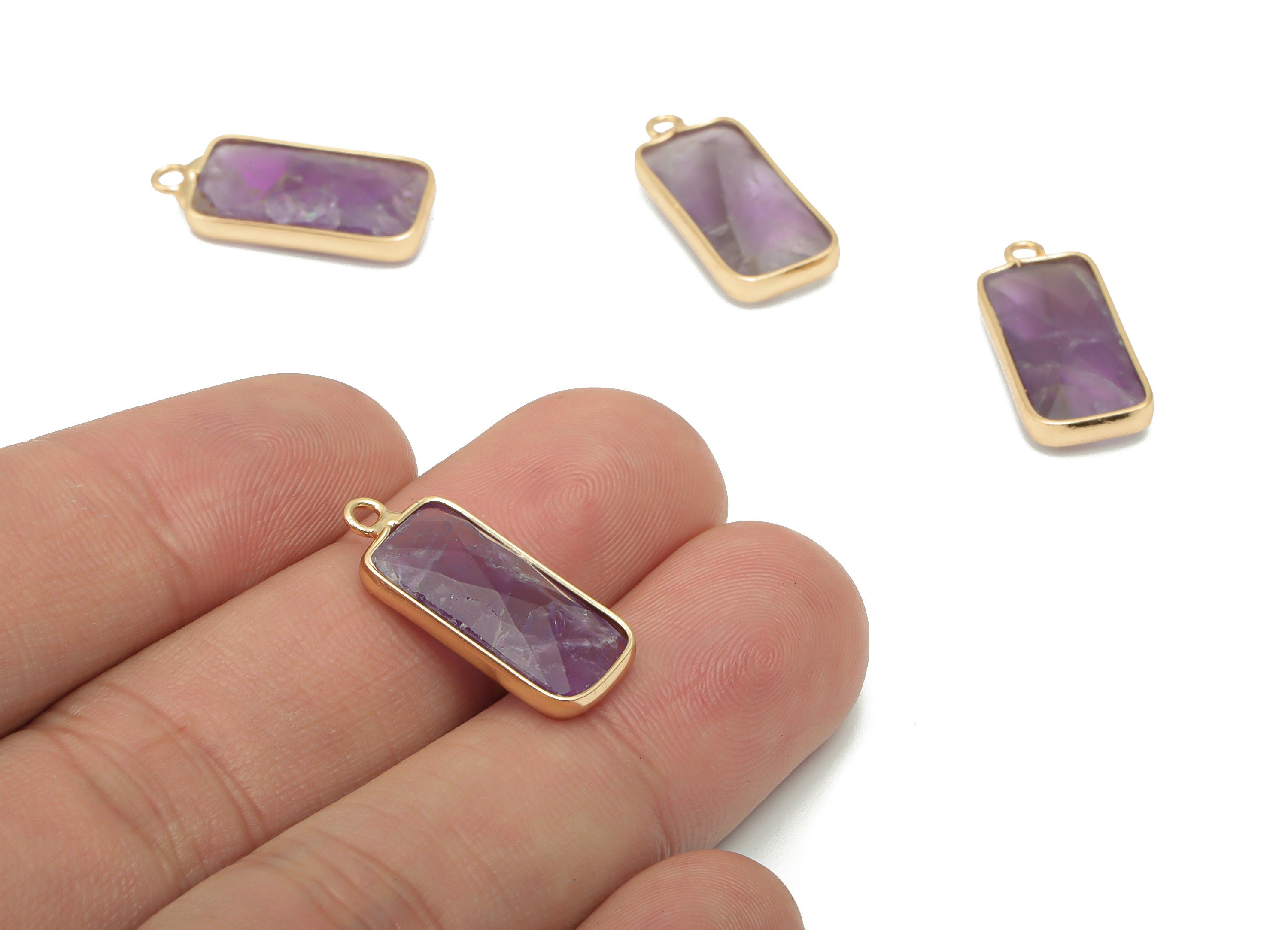 Amethyst Rectangle Earring Charms - Brass Rectangle Pendant - Faceted Natural Stone - Gold Tone Plated Brass – 21.26x9.5x4.35mm – NS1758 - DOMEDBAZAAR
