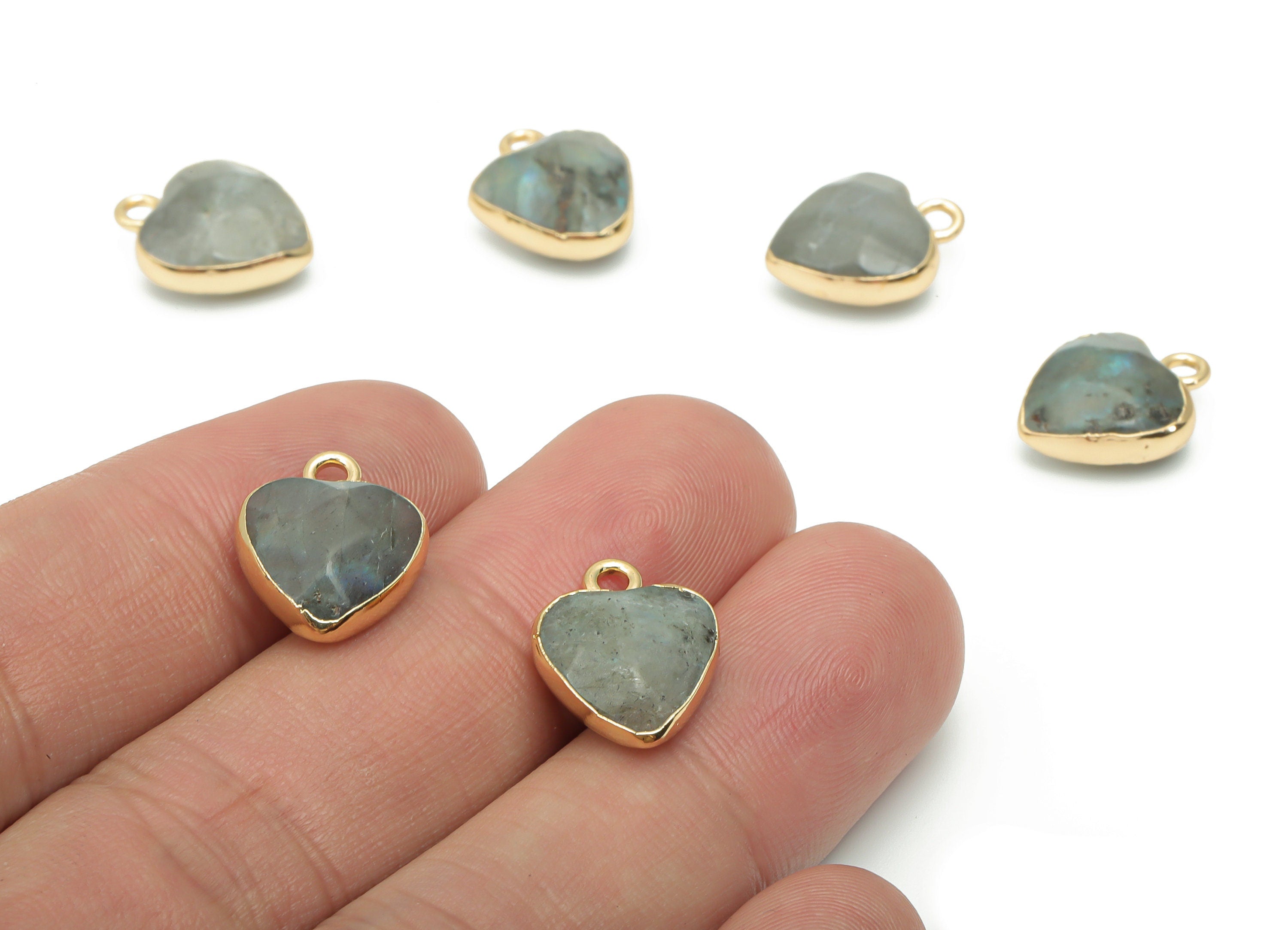 Labradorite Heart Earring Charms - Brass Wire Heart Pendant - Faceted Natural Stone - Gold Tone Plated Brass – 15.9x12.77x6.57mm – NS1754E - DOMEDBAZAAR