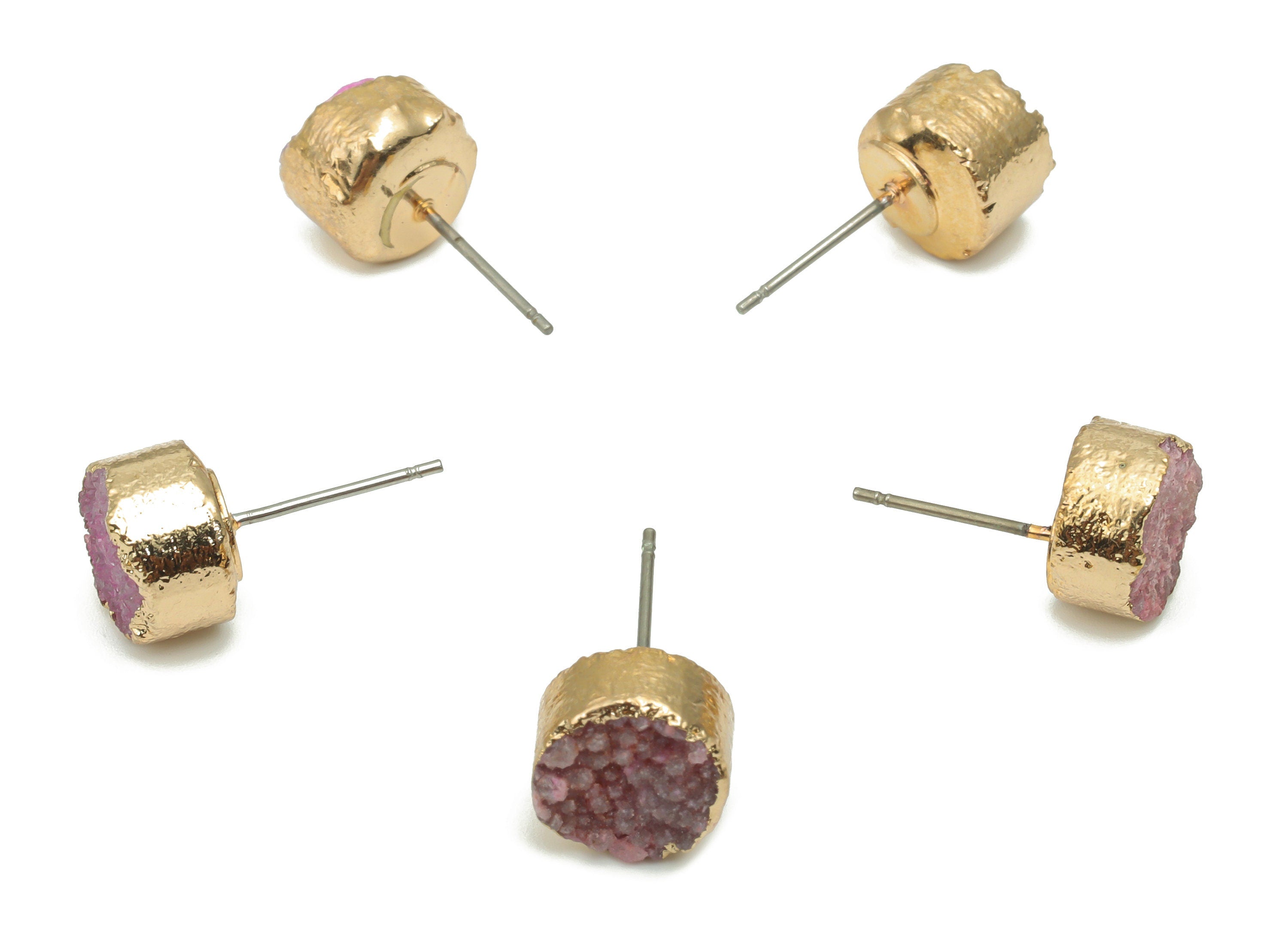 Druzy Puple Quartz Crystal Round Stud - Circle Post - Gold Tone Plated Natural Stone – Stainless Steel Stud - 9.69x9.69x8.4mm – NS1750 - DOMEDBAZAAR