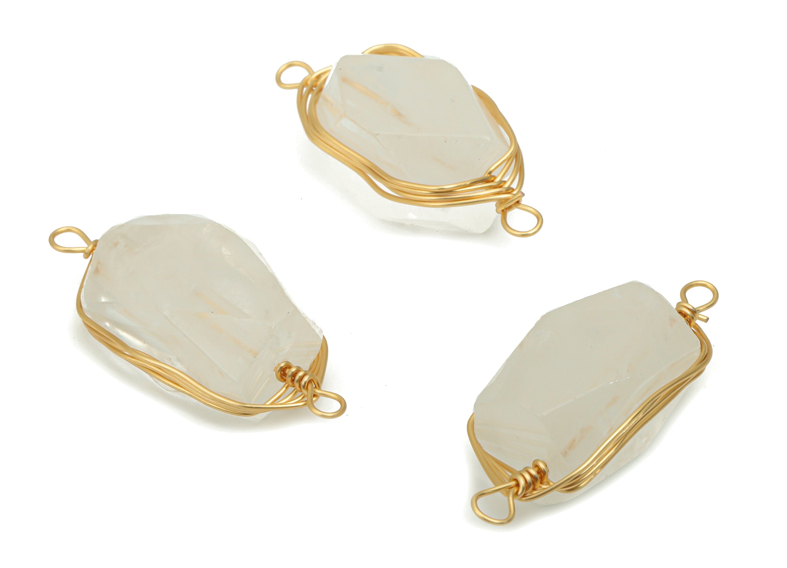 Clear Quartz Faceted Connectors - Brass Wire Wrapping Bracelet Connector - Natural Stone - Gold Tone Plated Brass – 23.3x8.9x7.8mm – NS1744D - DOMEDBAZAAR