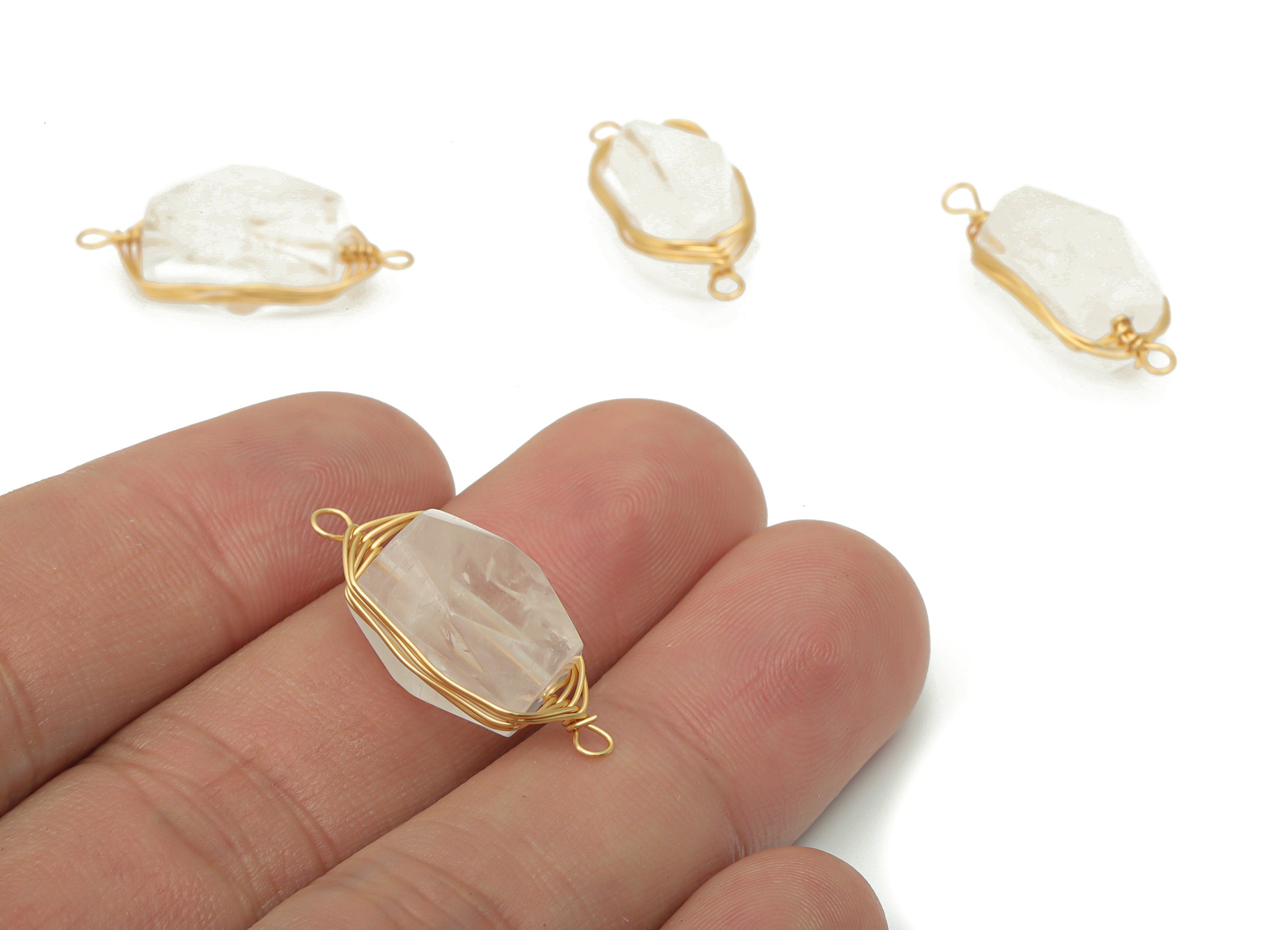 Clear Quartz Faceted Connectors - Brass Wire Wrapping Bracelet Connector - Natural Stone - Gold Tone Plated Brass – 23.3x8.9x7.8mm – NS1744D - DOMEDBAZAAR
