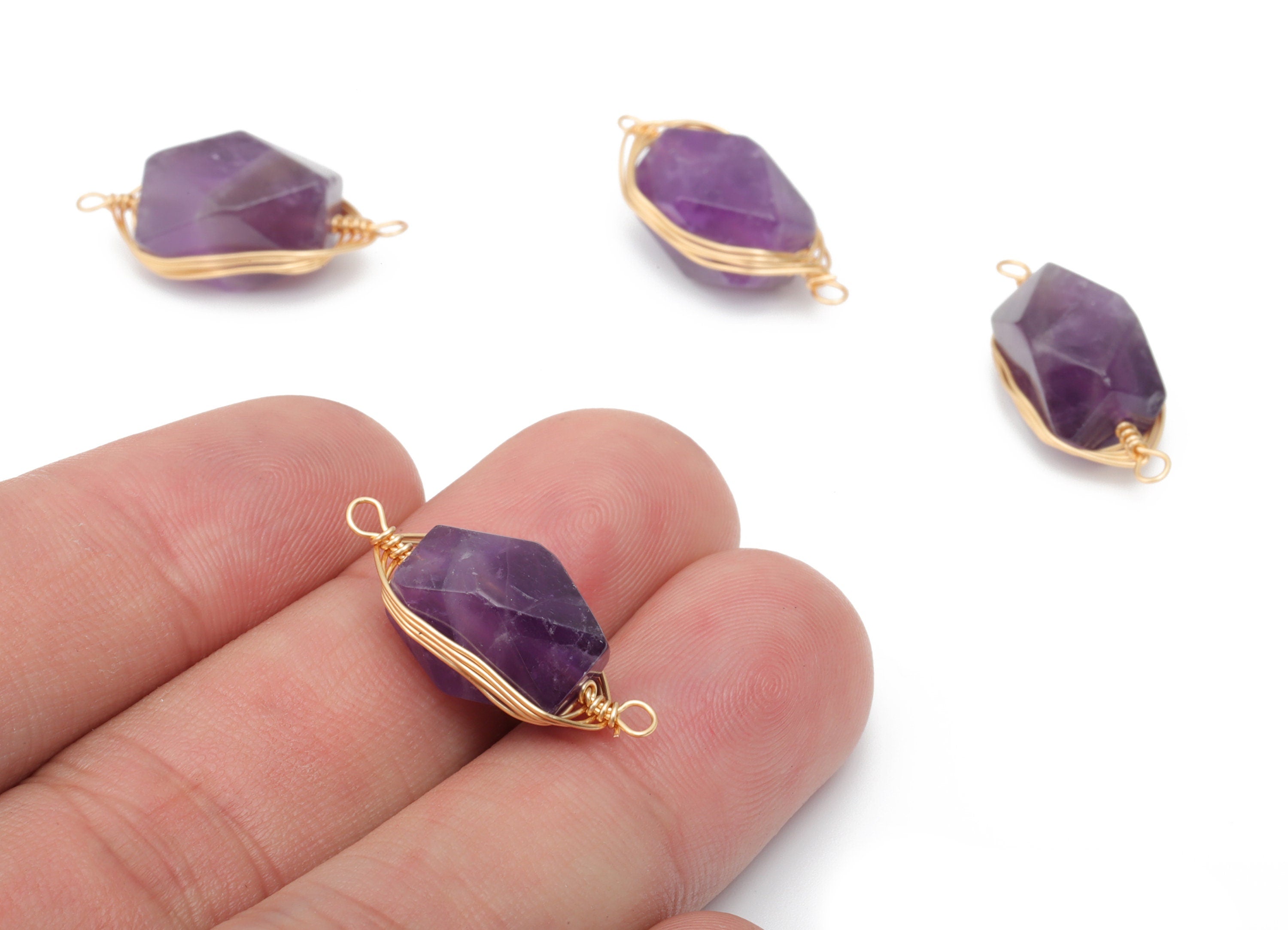 Amethyst Faceted Earring Connector - Brass Wire Wrapping Bracelet Connector - Natural Stone - Gold Tone Plated Brass – 23.3x9x8mm – NS1744B - DOMEDBAZAAR