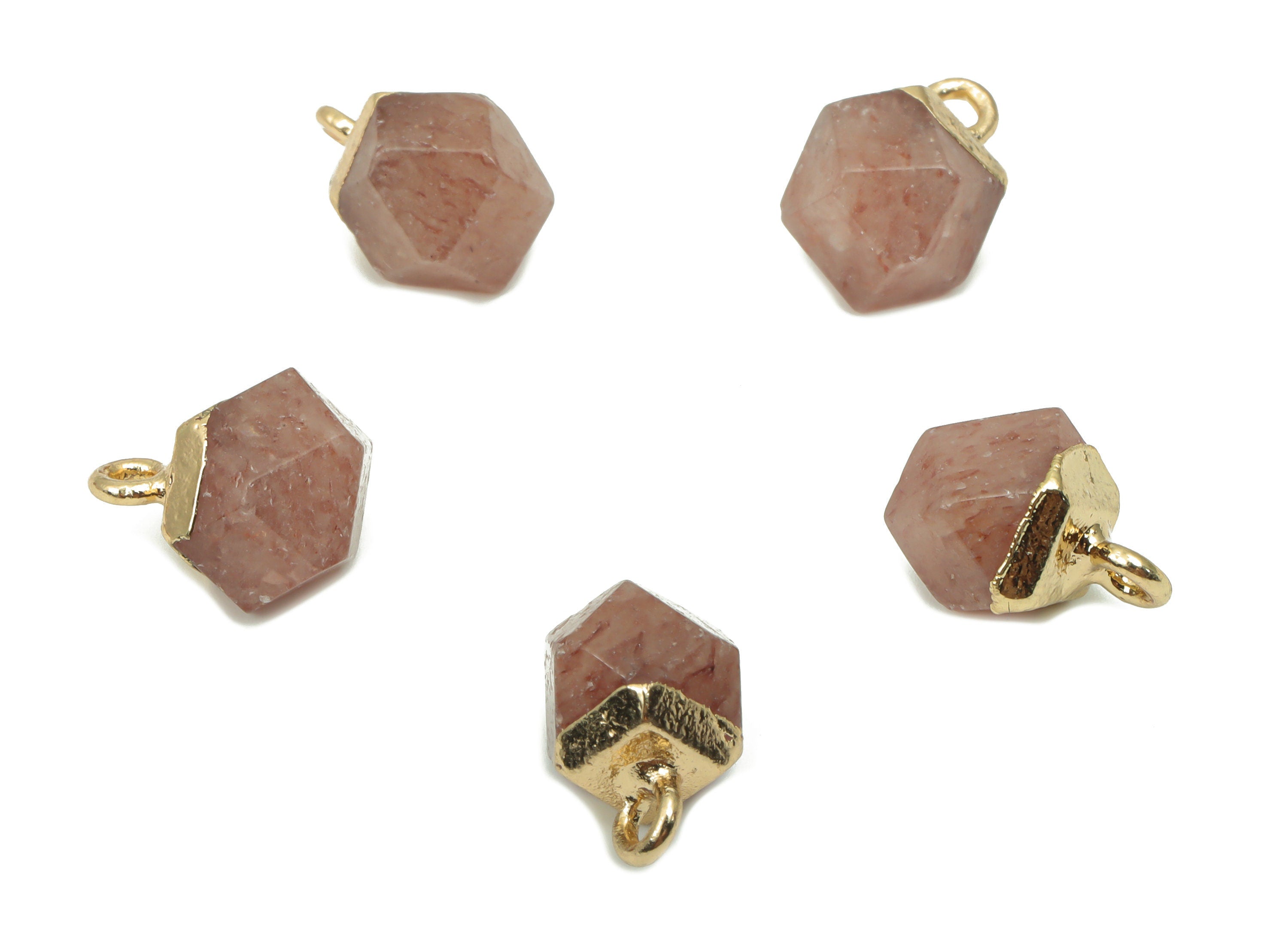 Strawberry Quartz Crystal Hexagon Charms - Iron Hexagon Pendant - Faceted Natural Stone - Gold Tone Plated Iron – 11.56x7.96x7.96mm– NS1849C - DOMEDBAZAAR