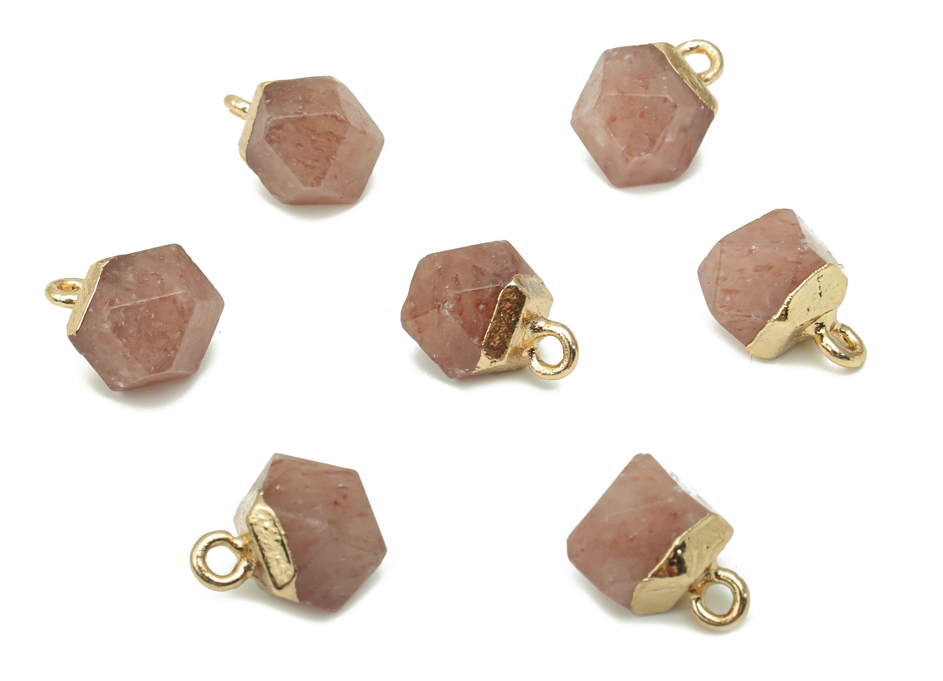 Strawberry Quartz Crystal Hexagon Charms - Iron Hexagon Pendant - Faceted Natural Stone - Gold Tone Plated Iron – 11.56x7.96x7.96mm– NS1849C - DOMEDBAZAAR