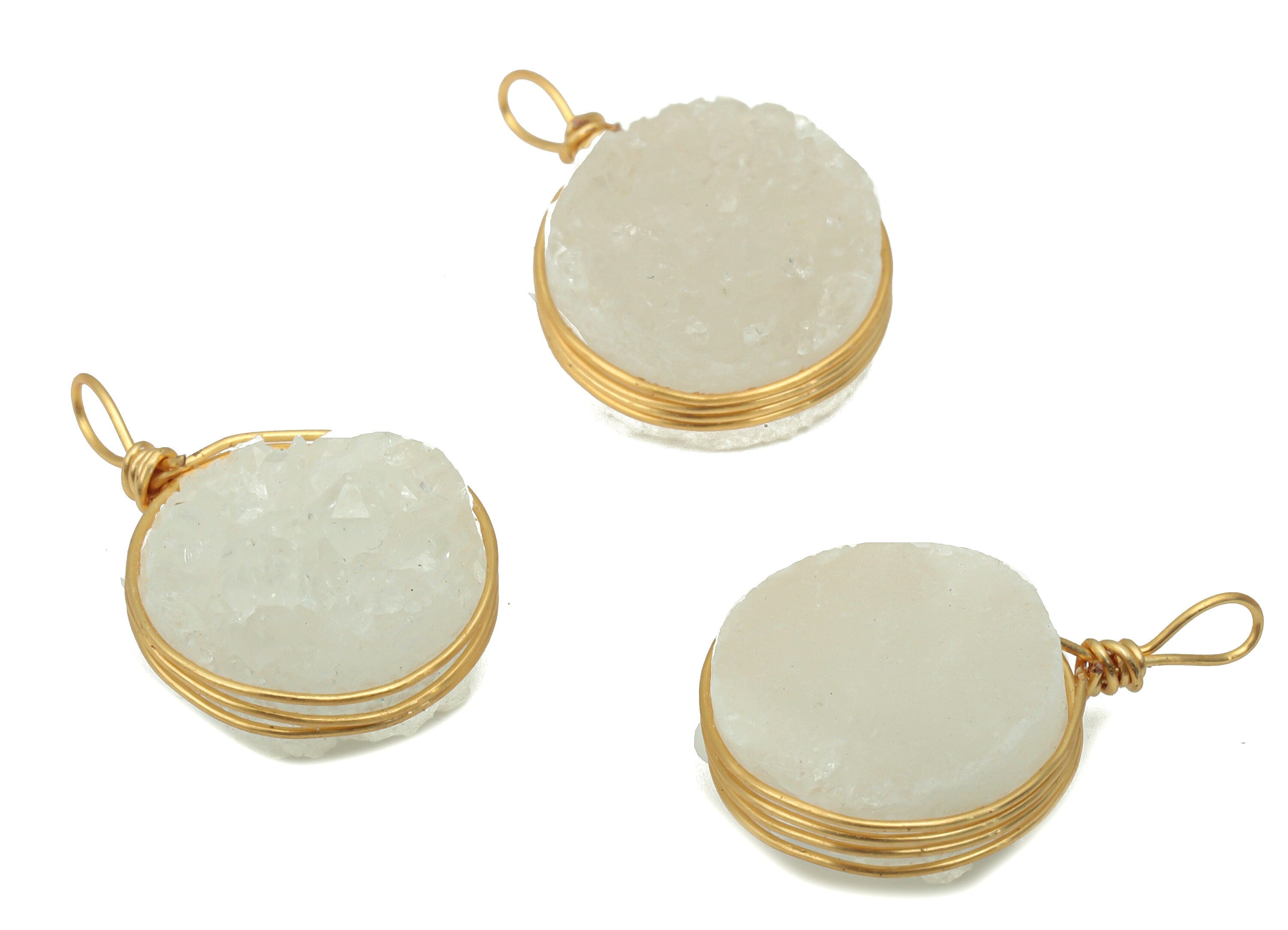 White Druzy Quartz Crystal Charms - Brass Wire Wrapped Round Pendant - Natural Stone - Gold Tone Plated Brass – 18.98x12.78x6.4mm – NS1746 - DOMEDBAZAAR