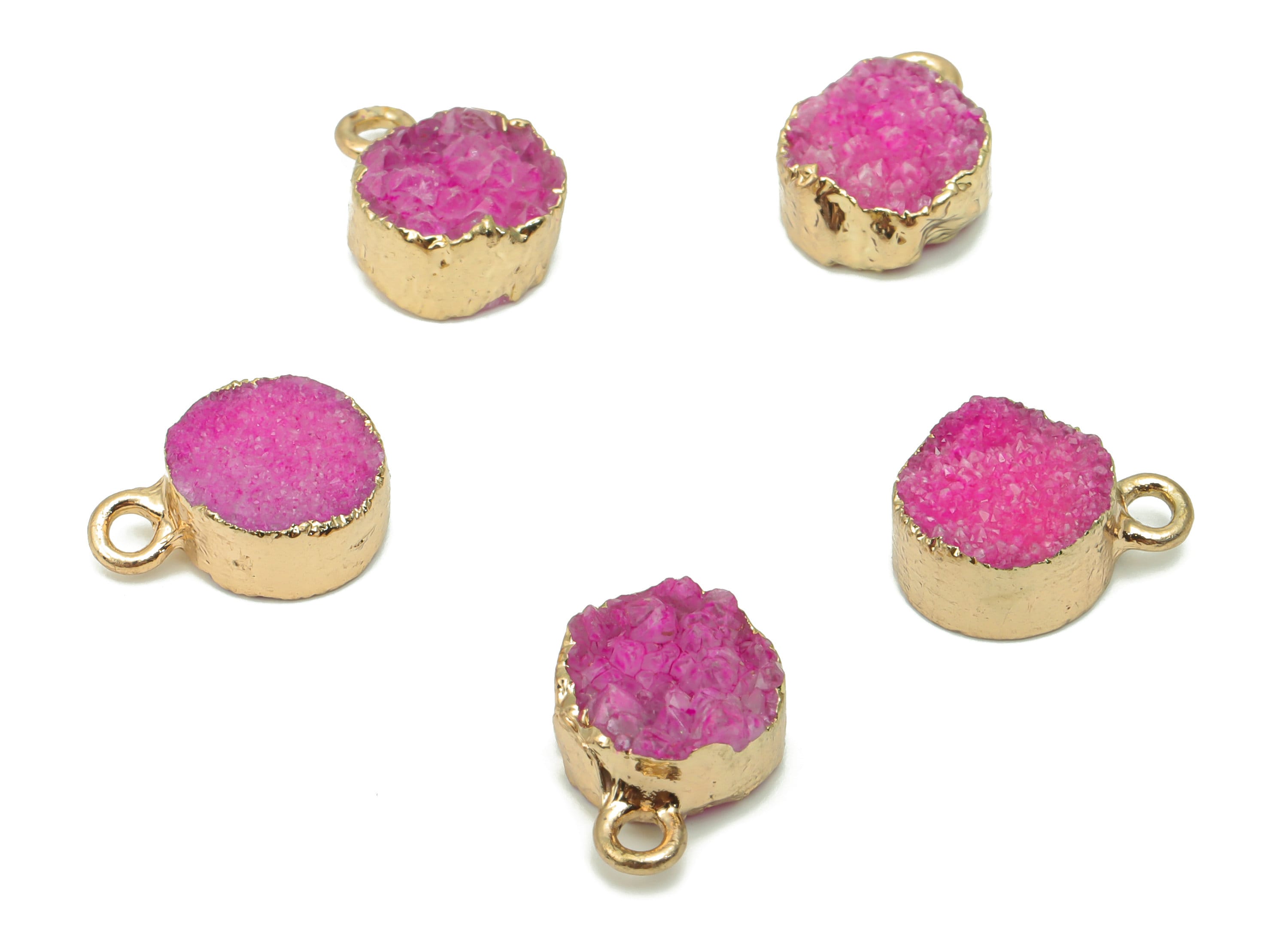 Purple Druzy Quartz Crystal Earring Charms - Iron Loop Round Pendant - Natural Stone - Gold Tone Plated Iron – 14.51x10.51x5.47mm – NS1747B - DOMEDBAZAAR