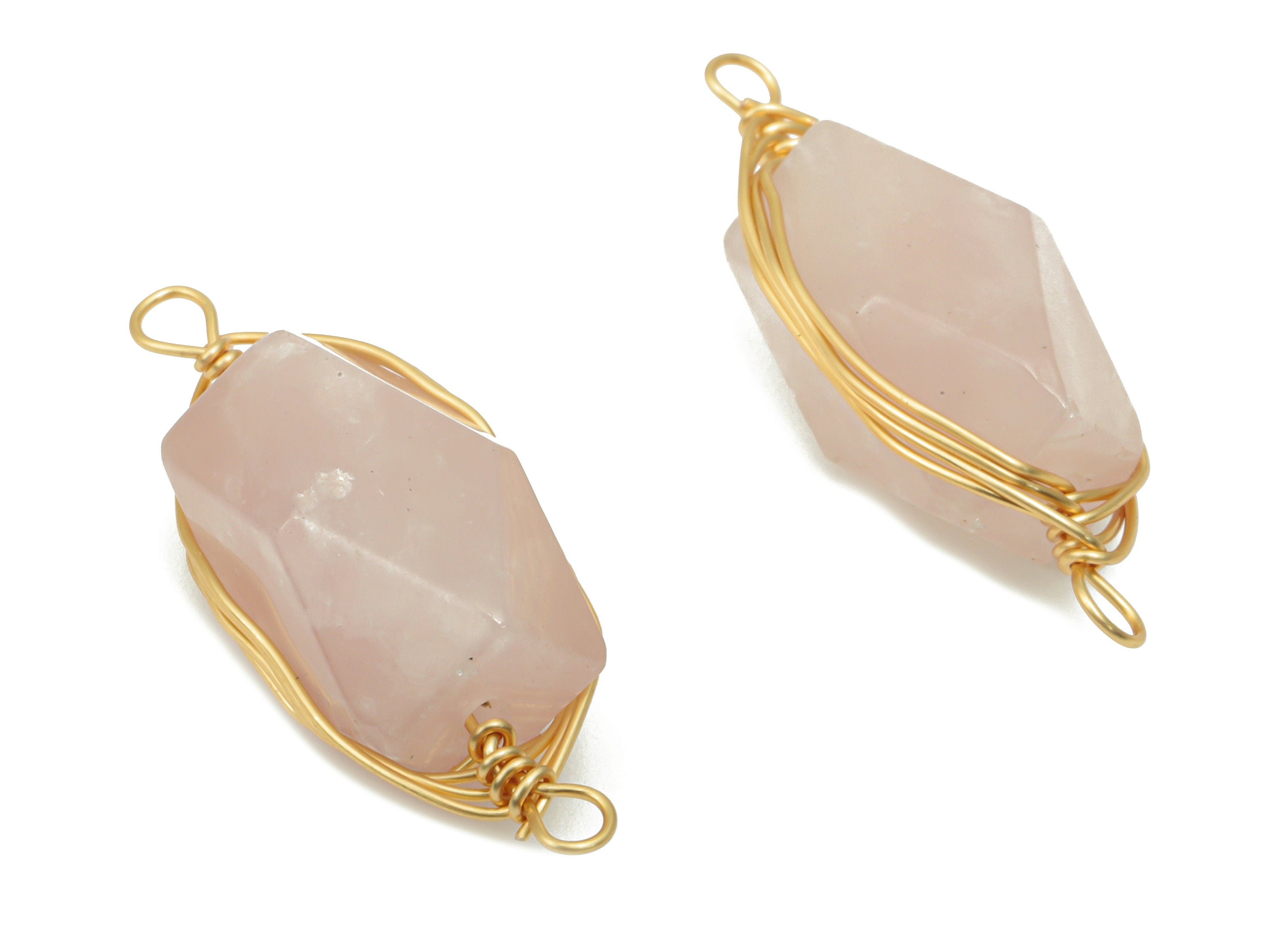 Rose Quartz Faceted Connectors - Brass Wire Wrapping Stone Bracelet Connector - Natural Stone - Gold Tone Plated Brass – 23x9x8mm – NS1744C - DOMEDBAZAAR