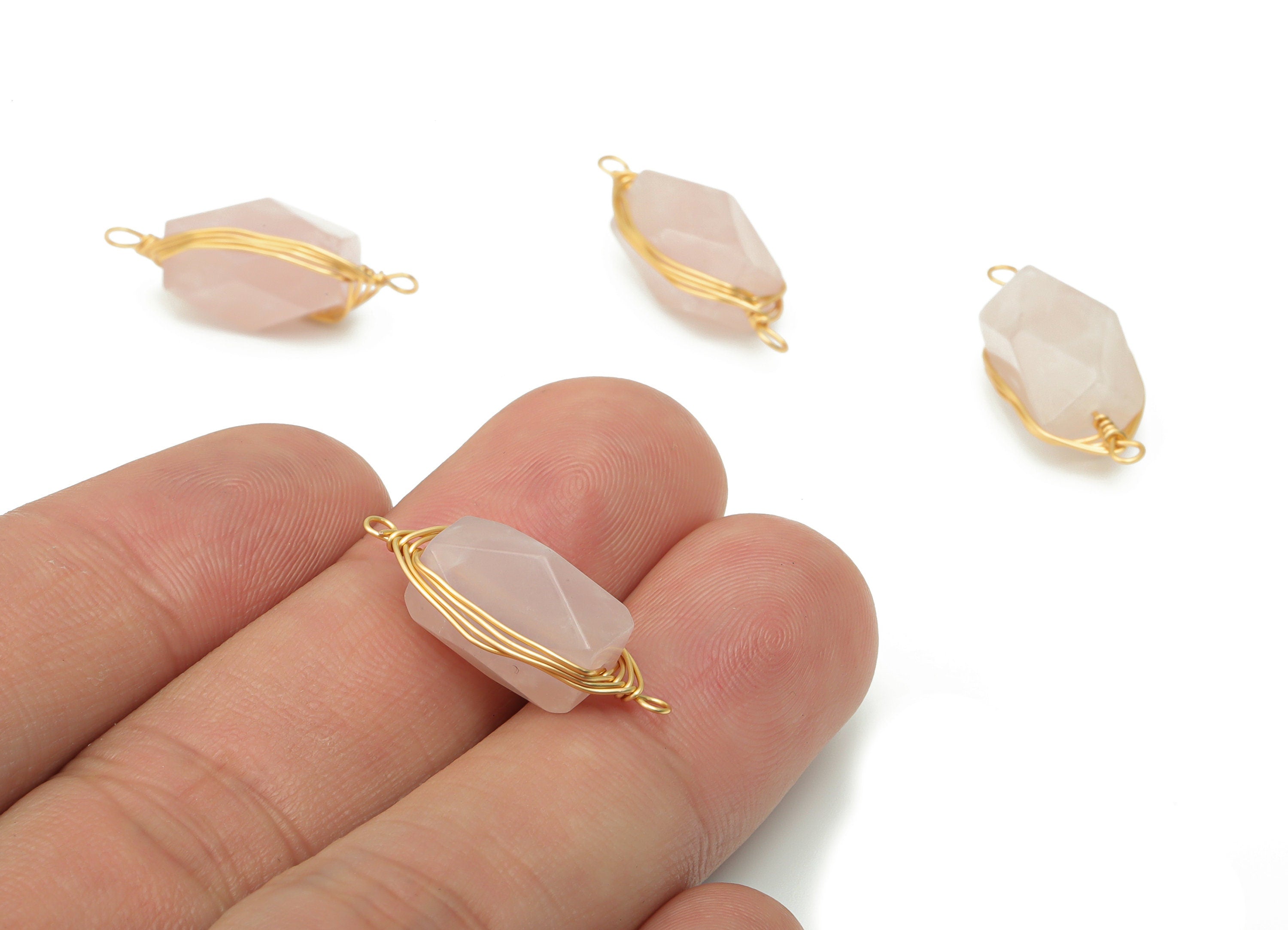 Rose Quartz Faceted Connectors - Brass Wire Wrapping Stone Bracelet Connector - Natural Stone - Gold Tone Plated Brass – 23x9x8mm – NS1744C - DOMEDBAZAAR