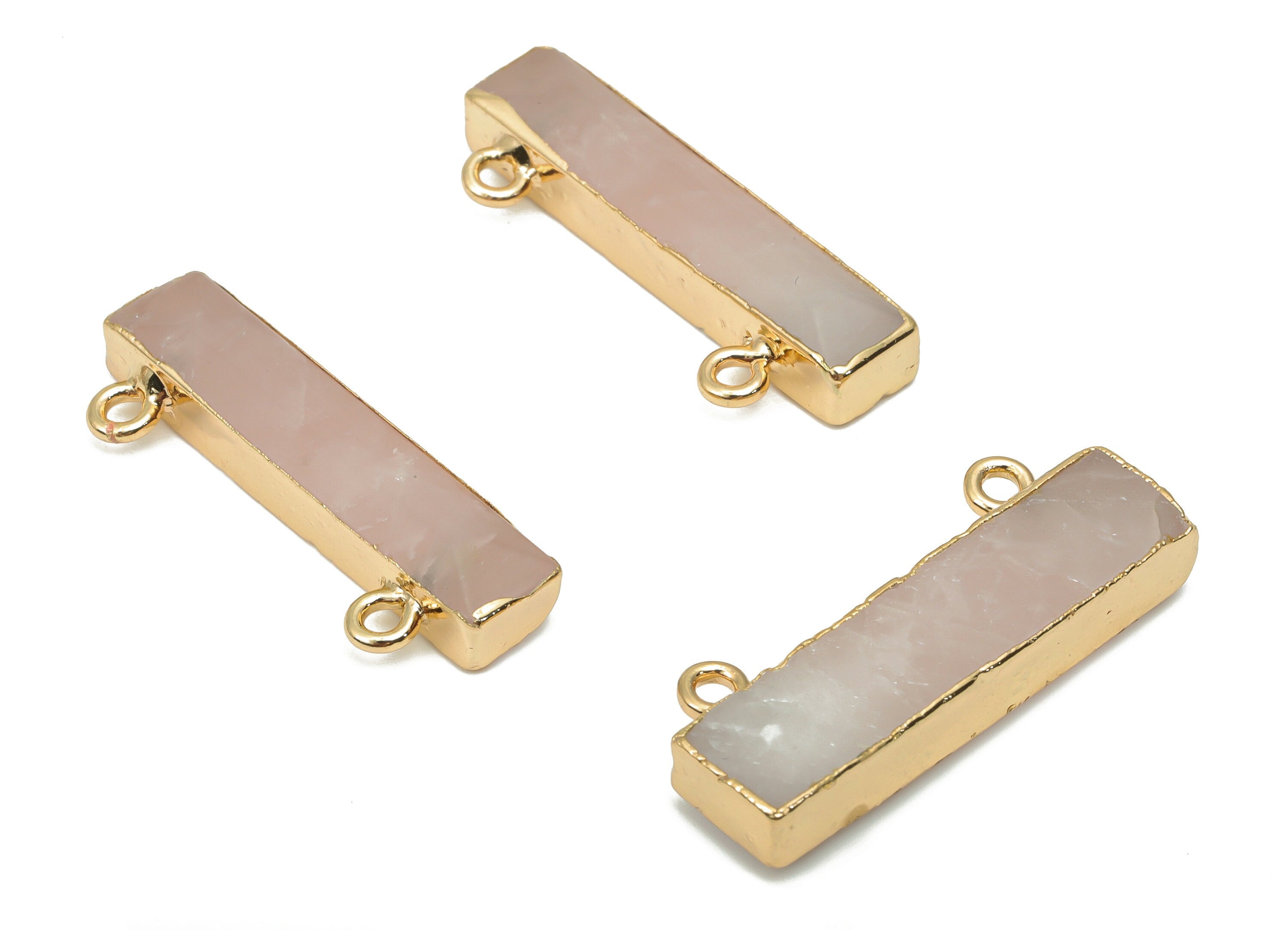 Rose Quartz Crystal Connector - Iron Rectangle Bar Charms and Pendant - Natural Stone - Gold Tone Plated Iron – 31x11.2x5.3mm – NS1757B - DOMEDBAZAAR