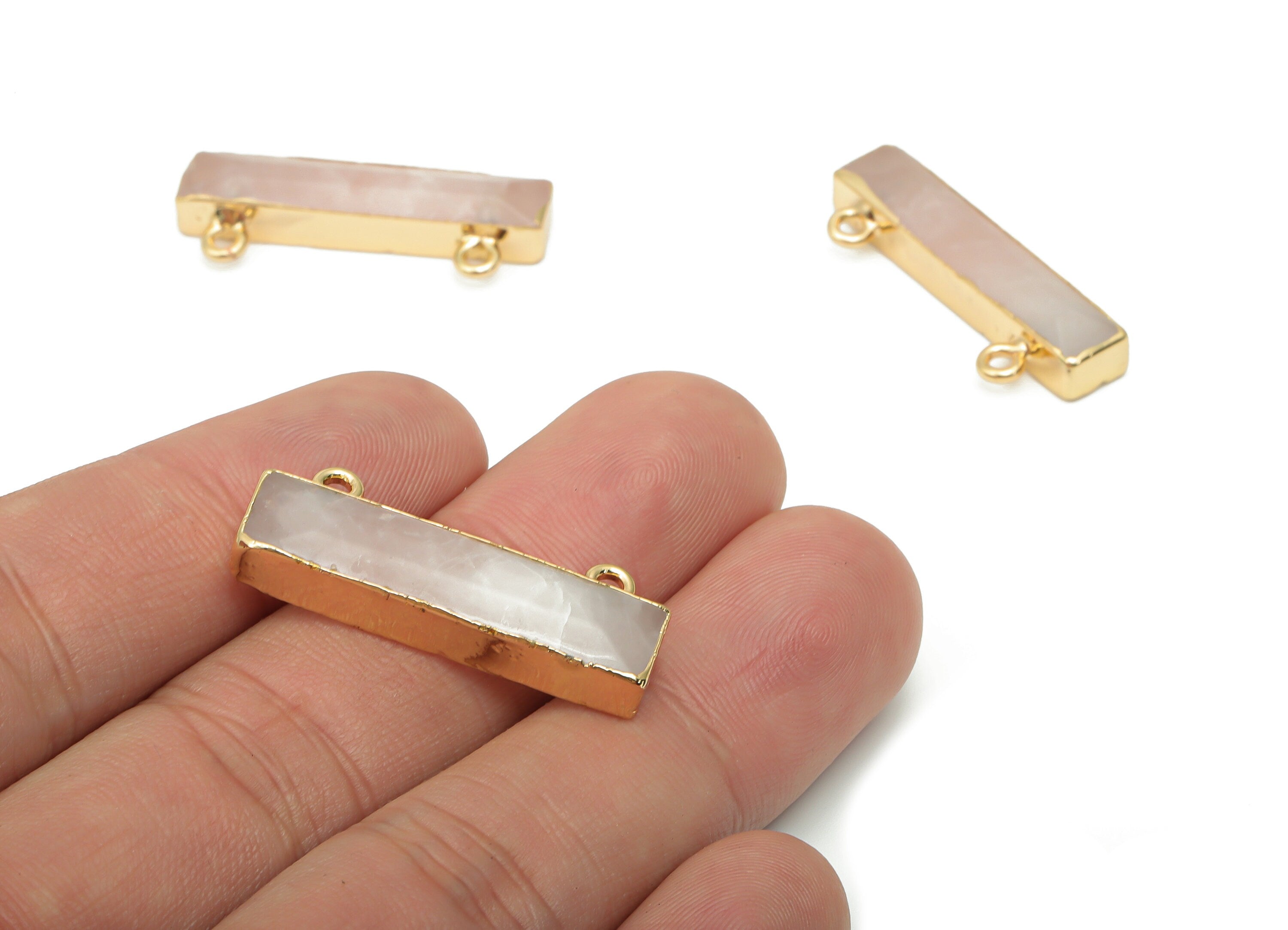 Rose Quartz Crystal Connector - Iron Rectangle Bar Charms and Pendant - Natural Stone - Gold Tone Plated Iron – 31x11.2x5.3mm – NS1757B - DOMEDBAZAAR