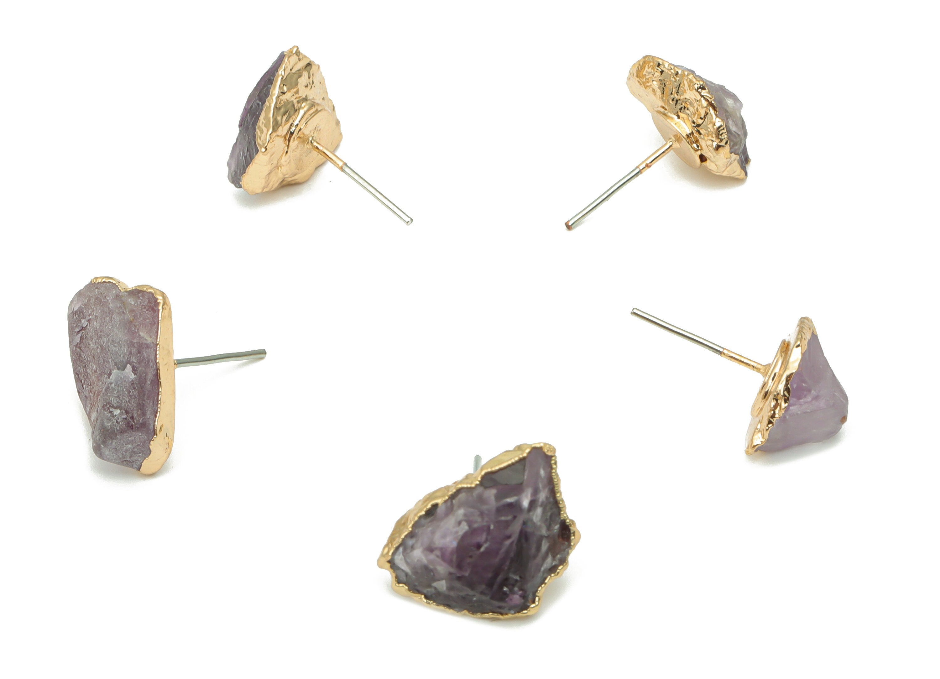 Amethyst Raw Stone Earring Stud - Natural Stone Earring Post -  Gold Tone Plated Stone – Stainless Steel Stud - 16.58x12.1x8.3mm – NS1741C - DOMEDBAZAAR