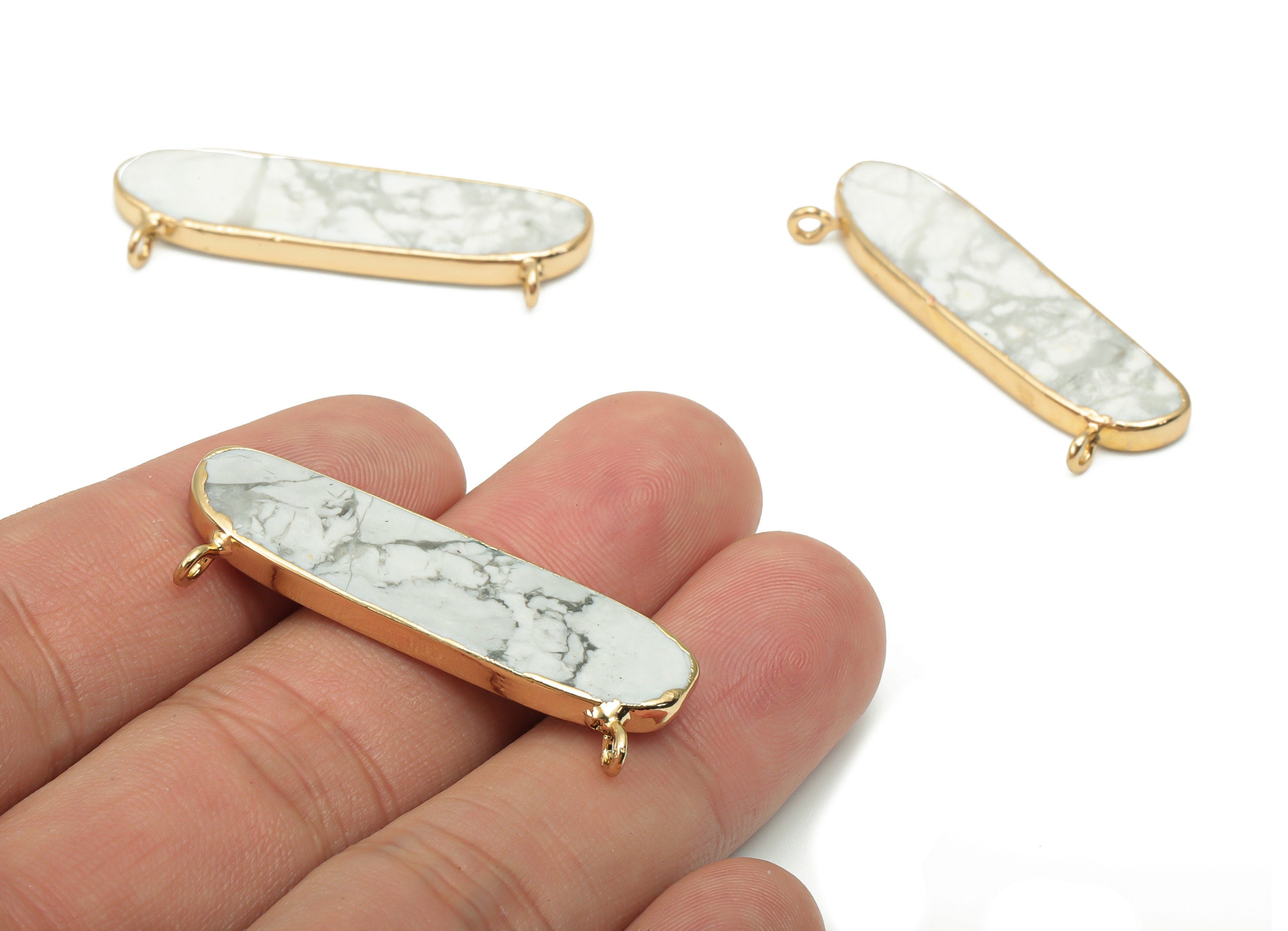 Howlite Long Oval Earring Connectors - Iron Oval Charms and Pendant - Natural Stone - Gold Tone Plated Iron – 40.76x14.9x2.95mm – NS1759 - DOMEDBAZAAR
