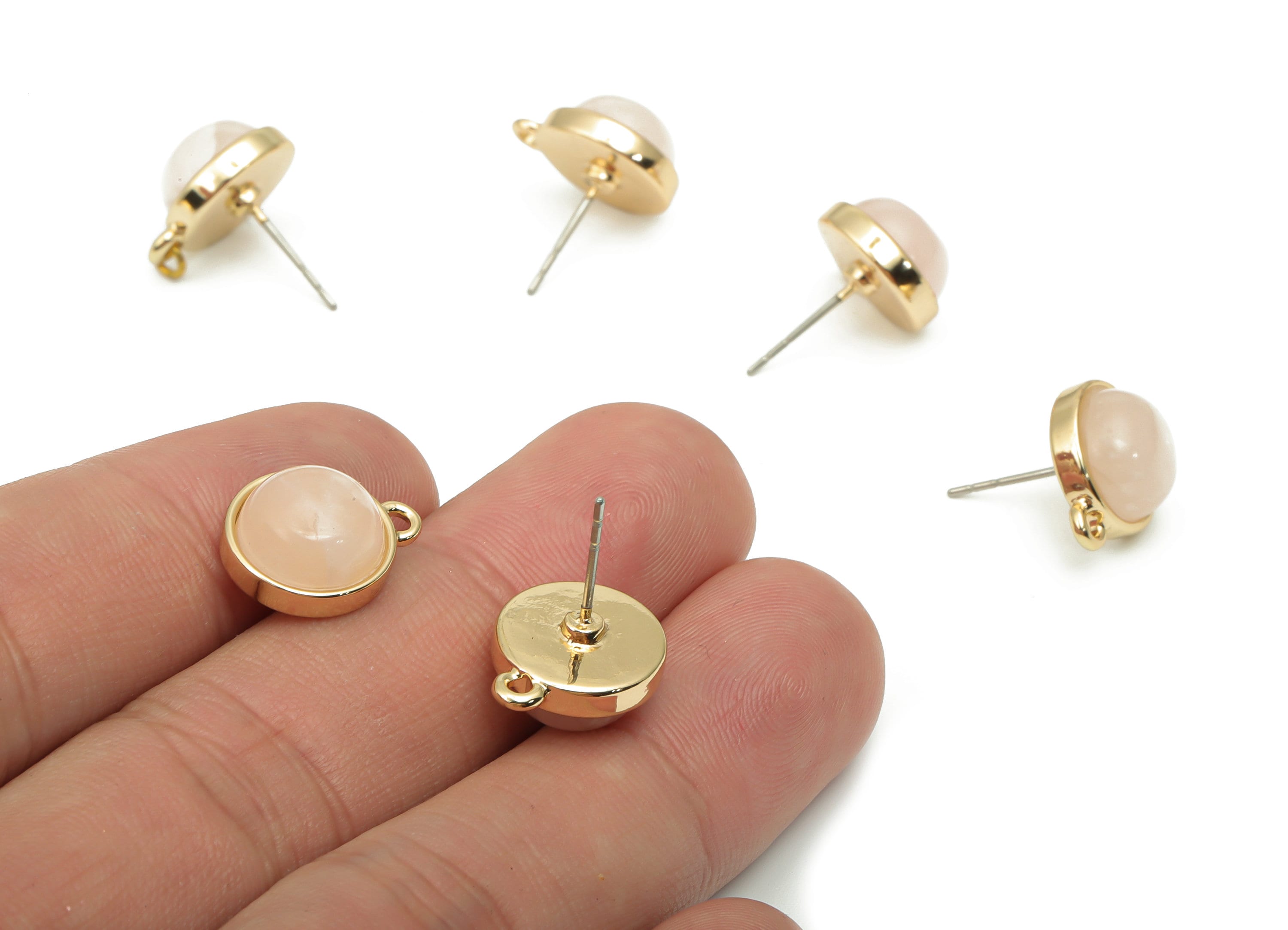 Rose Quartz Crystal Stud - Brass Circle Earring Post - Natural Stone - Gold Tone Plated Brass – Stainless Steel Stud - 14.7x12x8mm – NS1749 - DOMEDBAZAAR