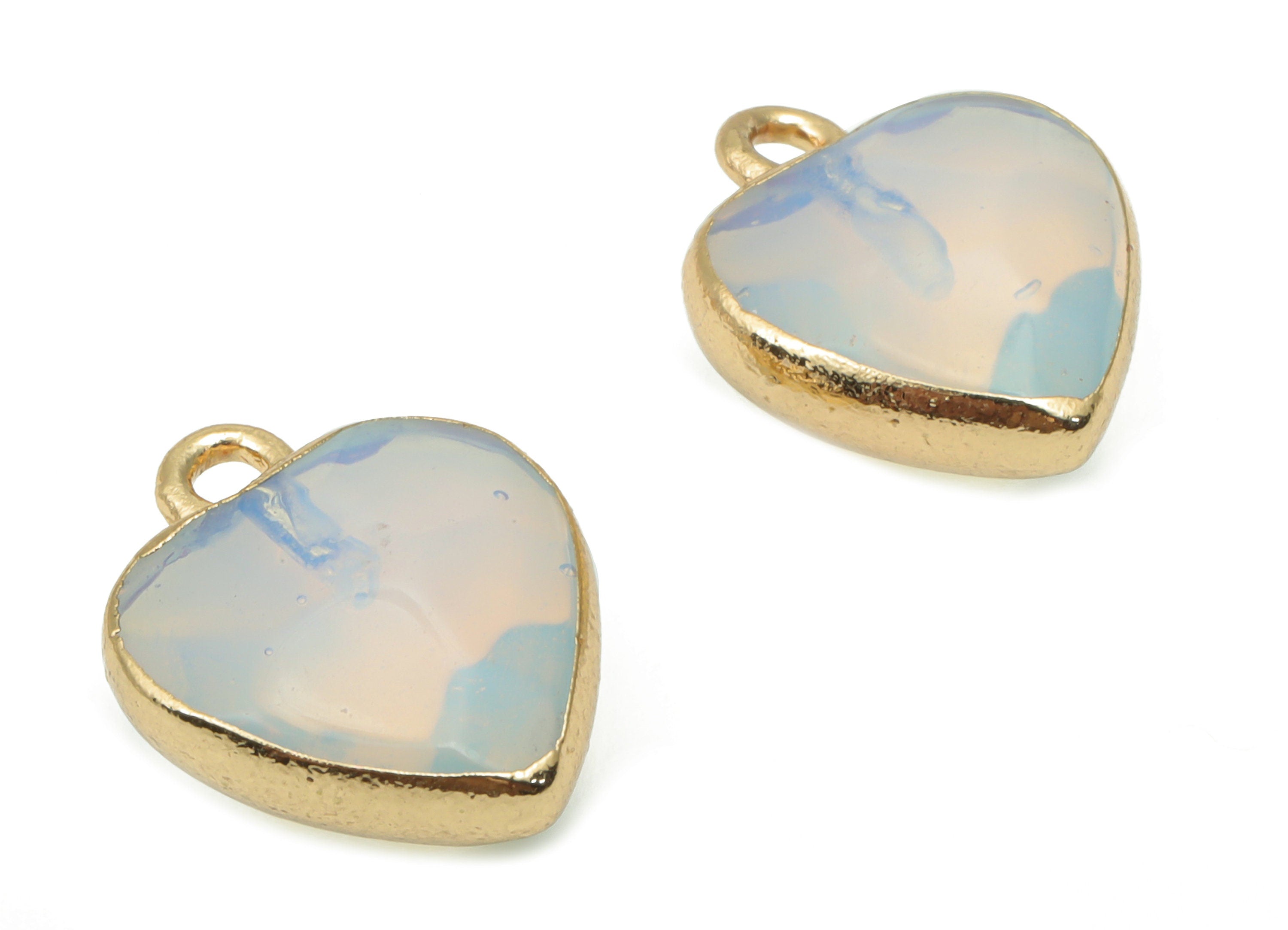 Opal Heart Earring Charms - Brass Wire Heart Pendant - Faceted Natural Stone - Gold Tone Plated Brass – 15.9x12.77x6.57mm – NS1754A - DOMEDBAZAAR