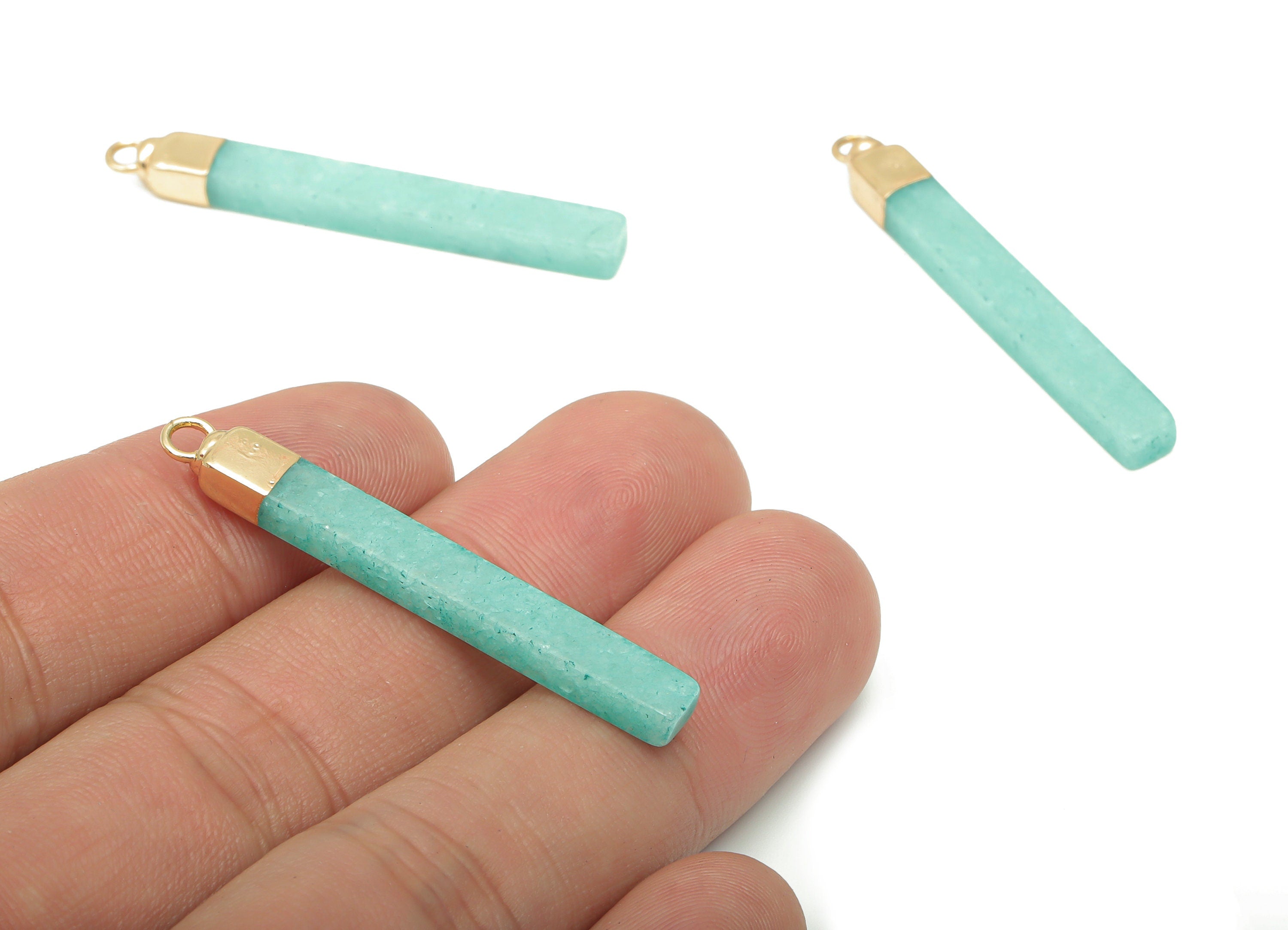 Blue Jade Long Bar Earring Charms - Iron Strip Pendant - Natural Stone - Gold Tone Plated Iron – Jewelry Supplies - 43.9x5.2x3.5mm – NS1760A - DOMEDBAZAAR
