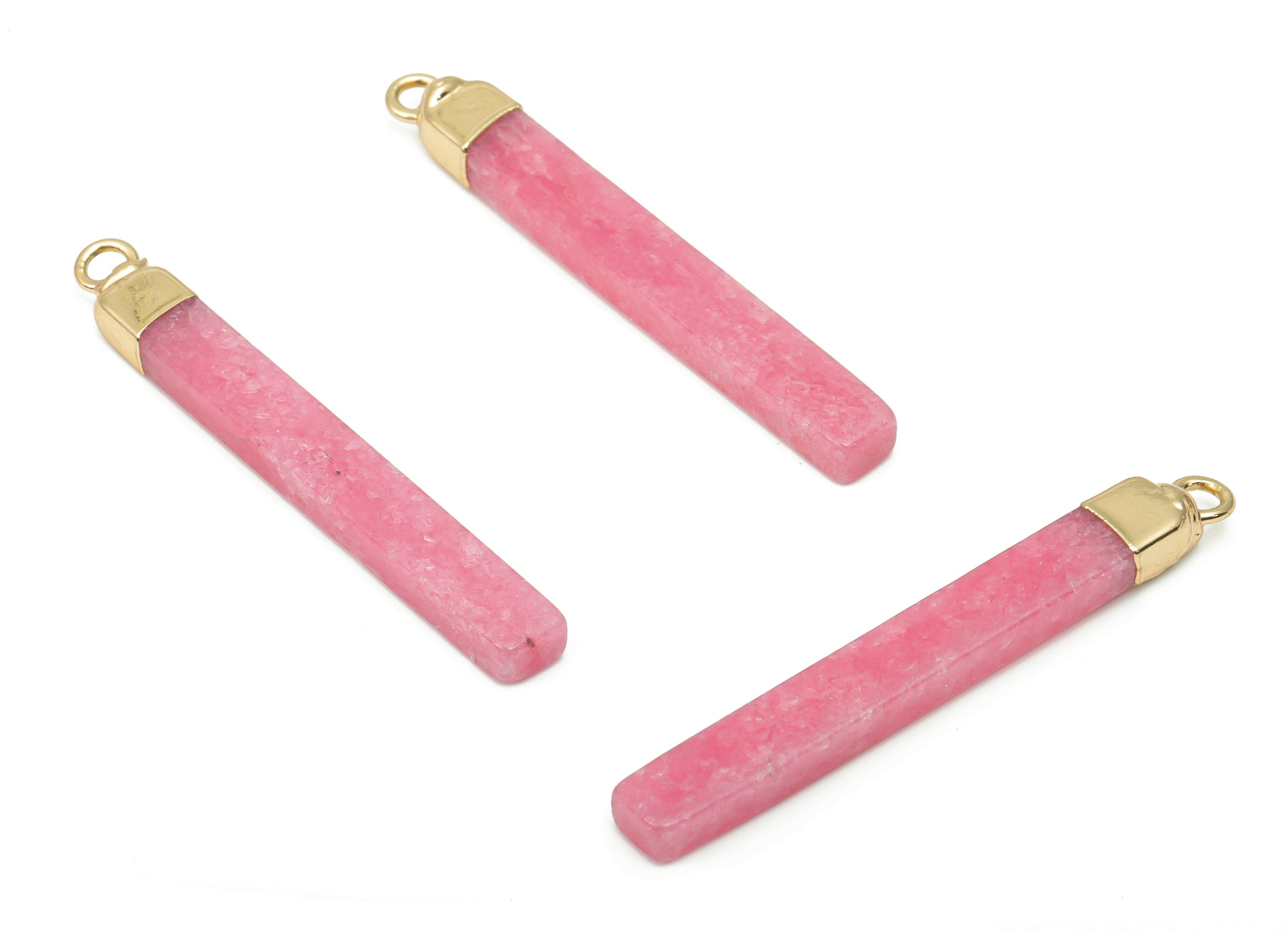 Pink Jade Long Bar Earring Charms - Iron Strip Pendant - Natural Stone - Gold Tone Plated Iron – Jewelry Supplies - 43.9x5.2x3.5mm – NS1760B - DOMEDBAZAAR