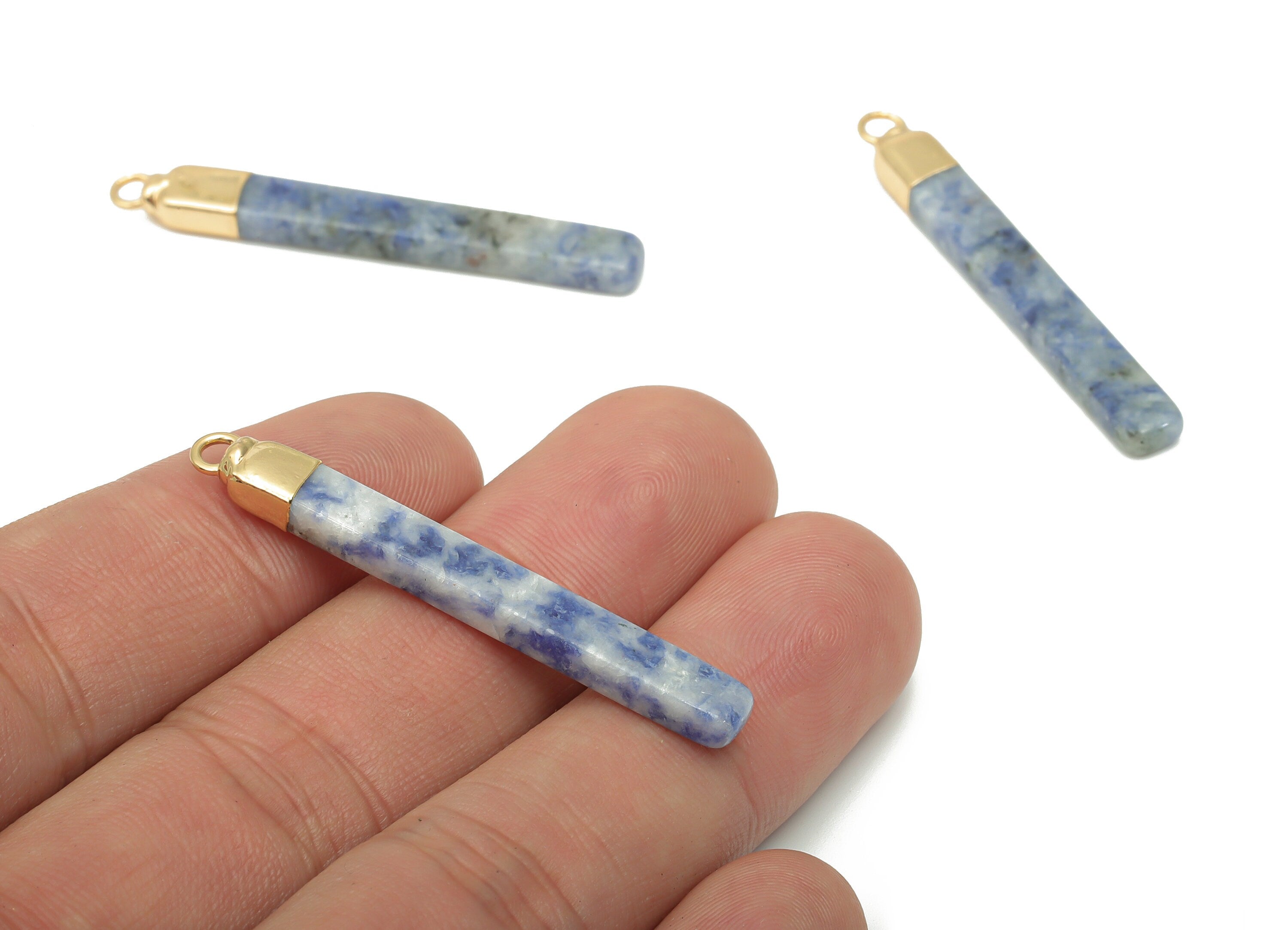 Blue Spot Jade Long Bar Charms - Iron Strip Pendant - Natural Stone - Gold Tone Plated Iron – Jewelry Supplies - 43.88x5.19x3.48mm – NS1760C - DOMEDBAZAAR