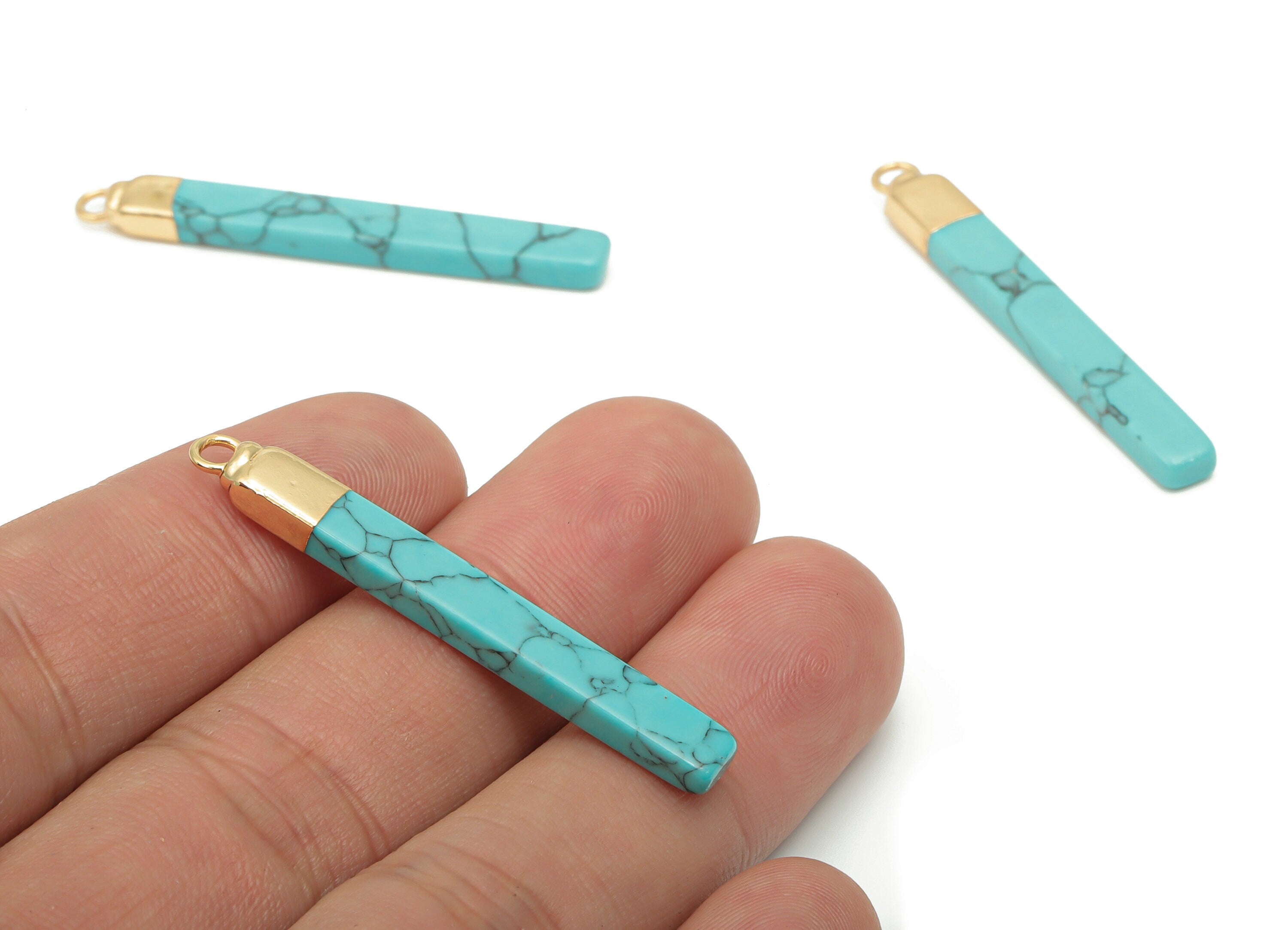 Blue Turquoise Long Bar Charms - Iron Strip Pendant - Natural Stone - Gold Tone Plated Iron – Jewelry Supplies - 43.88x5.19x3.48mm – NS1760E - DOMEDBAZAAR