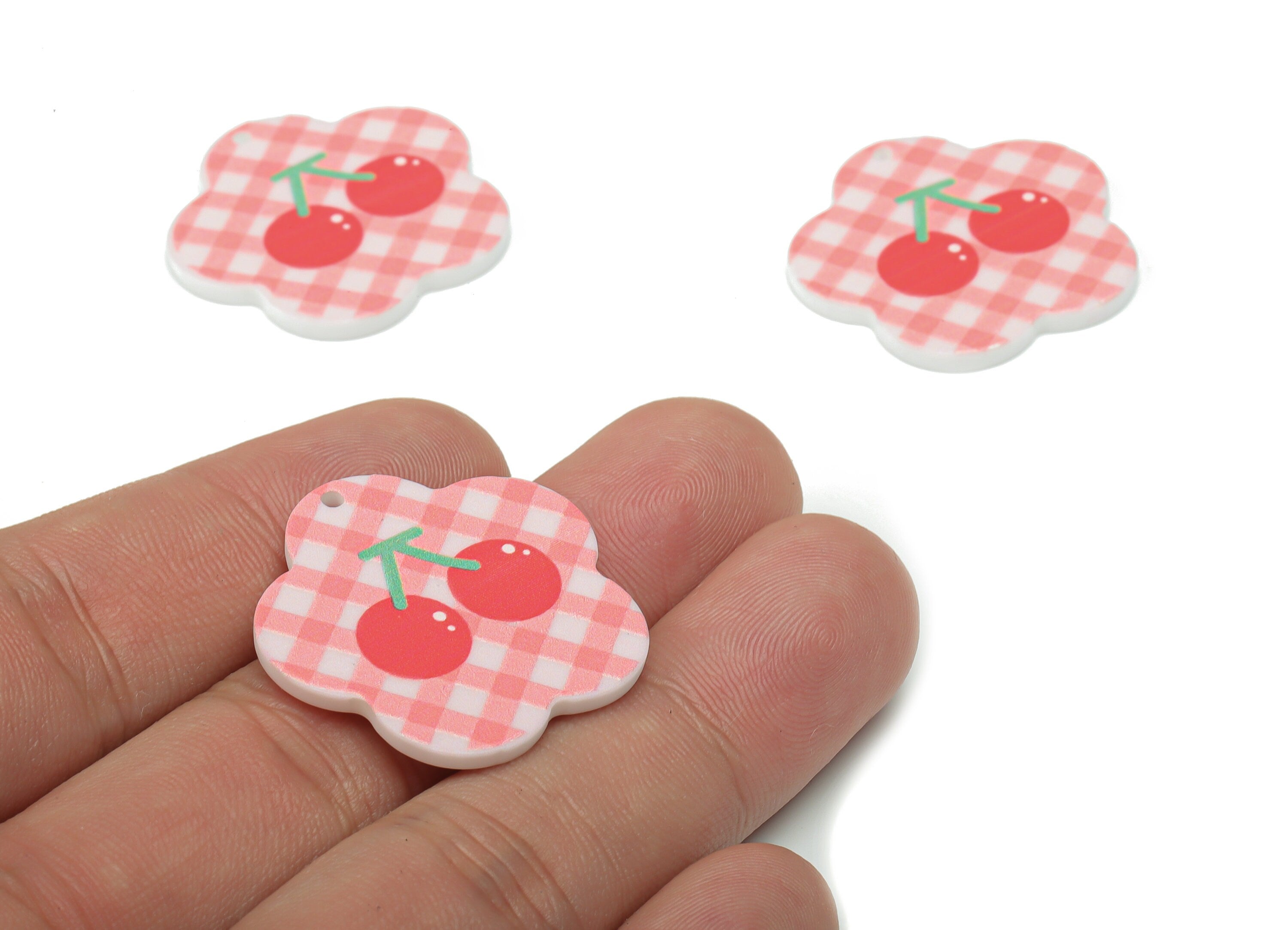 Acrylic Lattice Flower Cherry Earring Charms - Acrylic Cherry Flower Pendant - Printing Textured - Jewelry Supplies - 29.5x29x1.9mm- AC2479D - DOMEDBAZAAR