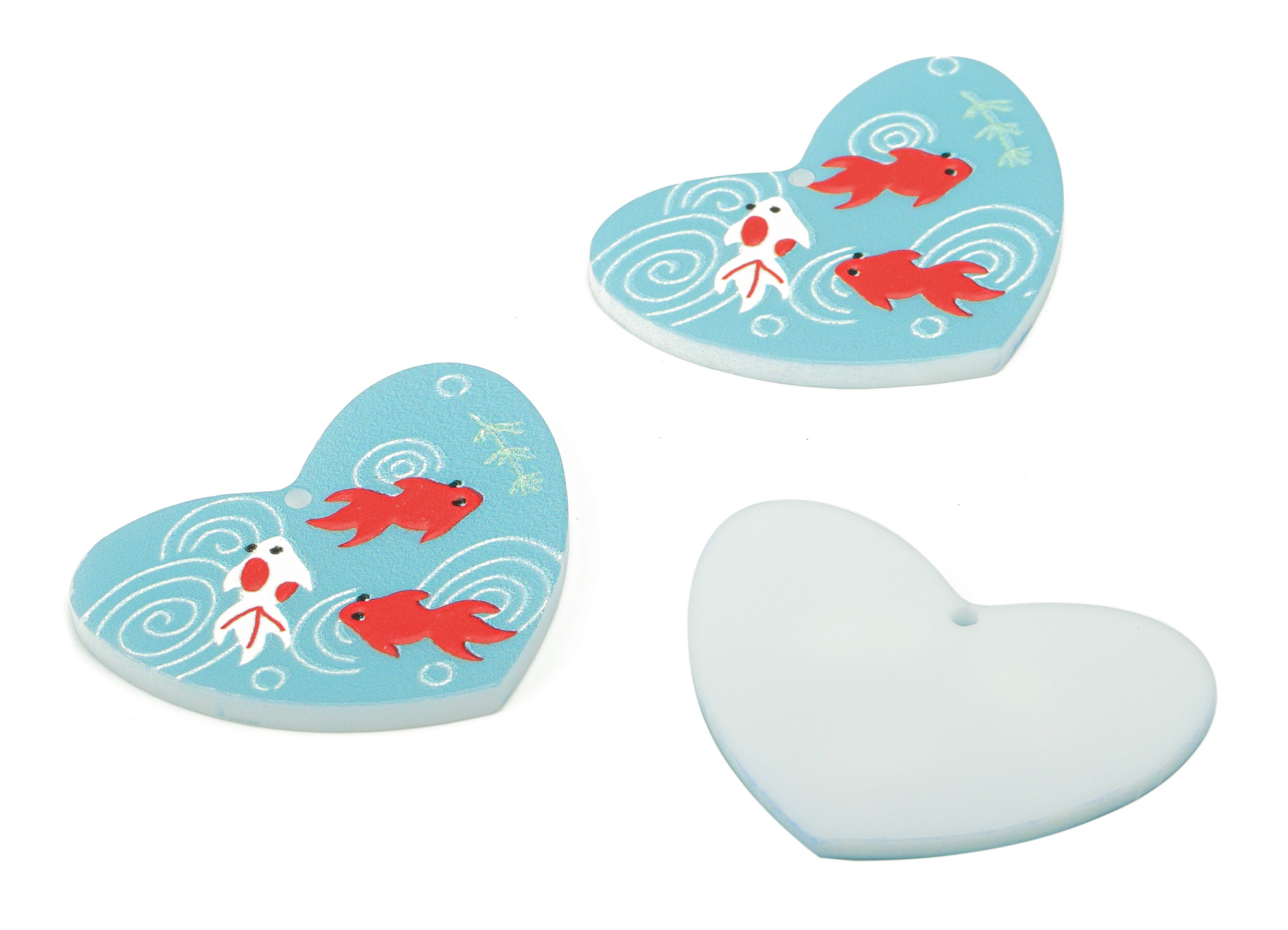 Acrylic Heart Carp Earring Charms - Acrylic Fish Grass Heart Pendant - Printing Textured - Jewelry Supplies - 31.43x23.84x2.21mm - AC2472 - DOMEDBAZAAR