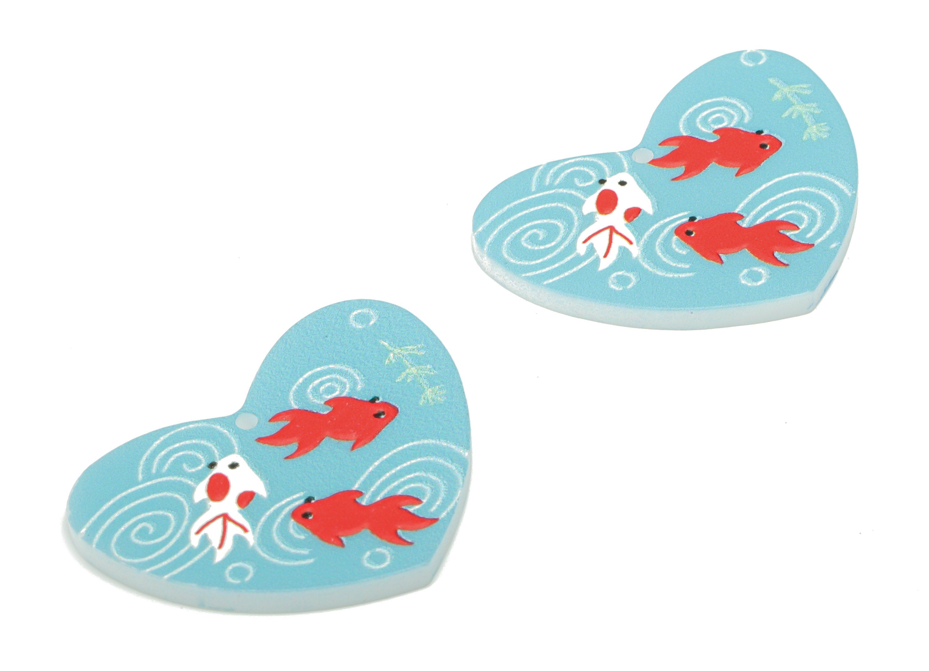 Acrylic Heart Carp Earring Charms - Acrylic Fish Grass Heart Pendant - Printing Textured - Jewelry Supplies - 31.43x23.84x2.21mm - AC2472 - DOMEDBAZAAR