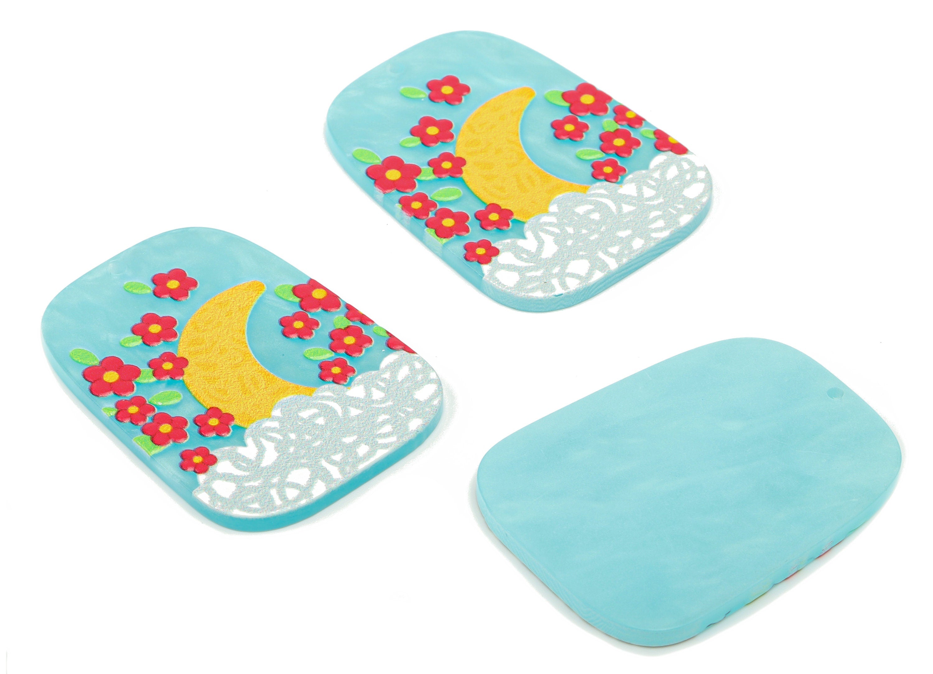 Acrylic Rectangle Crescent Cloud Earring Charms - Acrylic Flower Moon Pendant - Printing Textured - 39.53x29.48x2.41mm - AC2478C - DOMEDBAZAAR