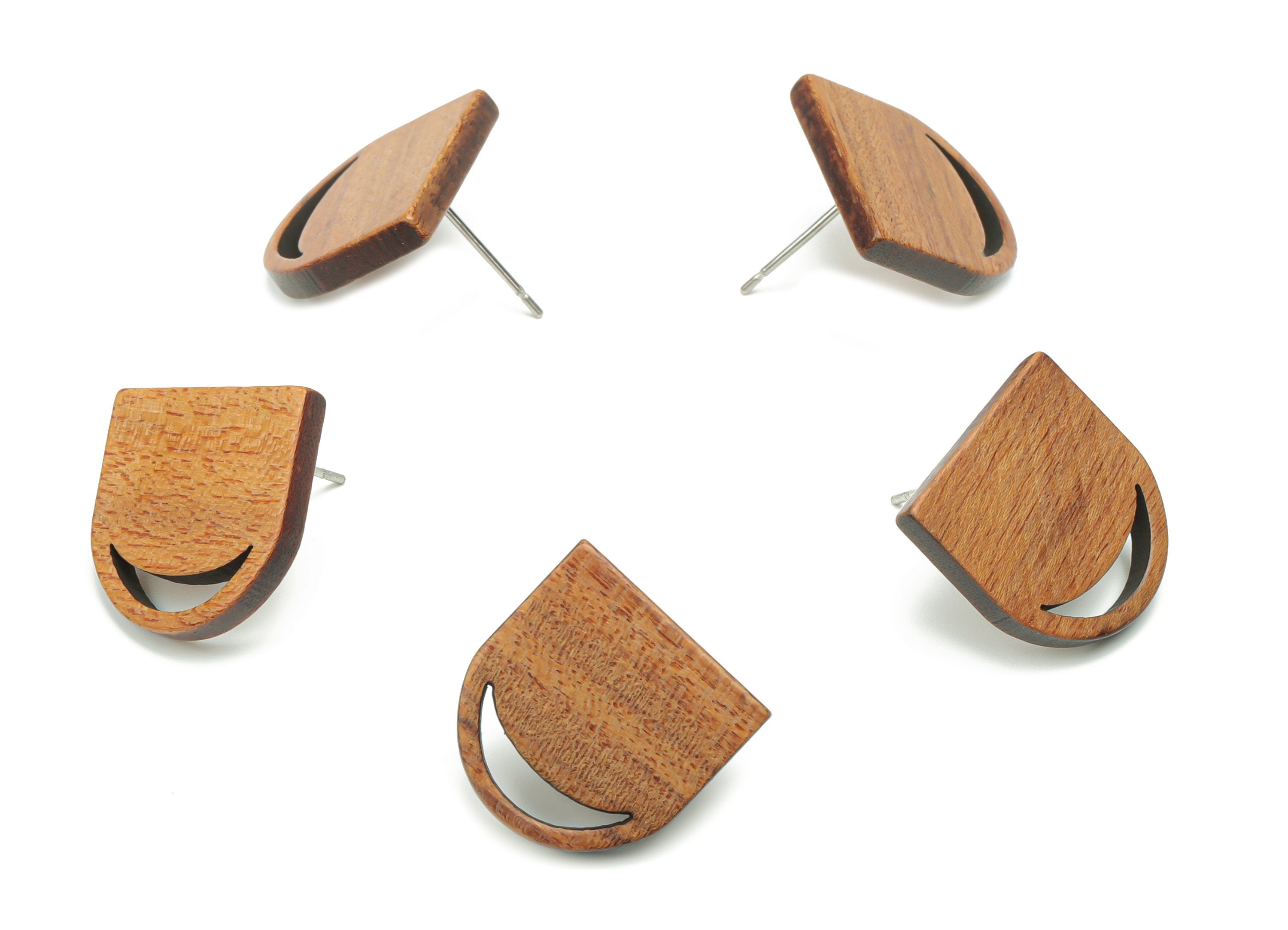 Walnut Wood Crescent Domed Earring Stud - Walnut Wood Moon D Semicircle Post - 316 Surgical Stainless Steel - 16.88x16.6x2.5mm - BB1236 - DOMEDBAZAAR