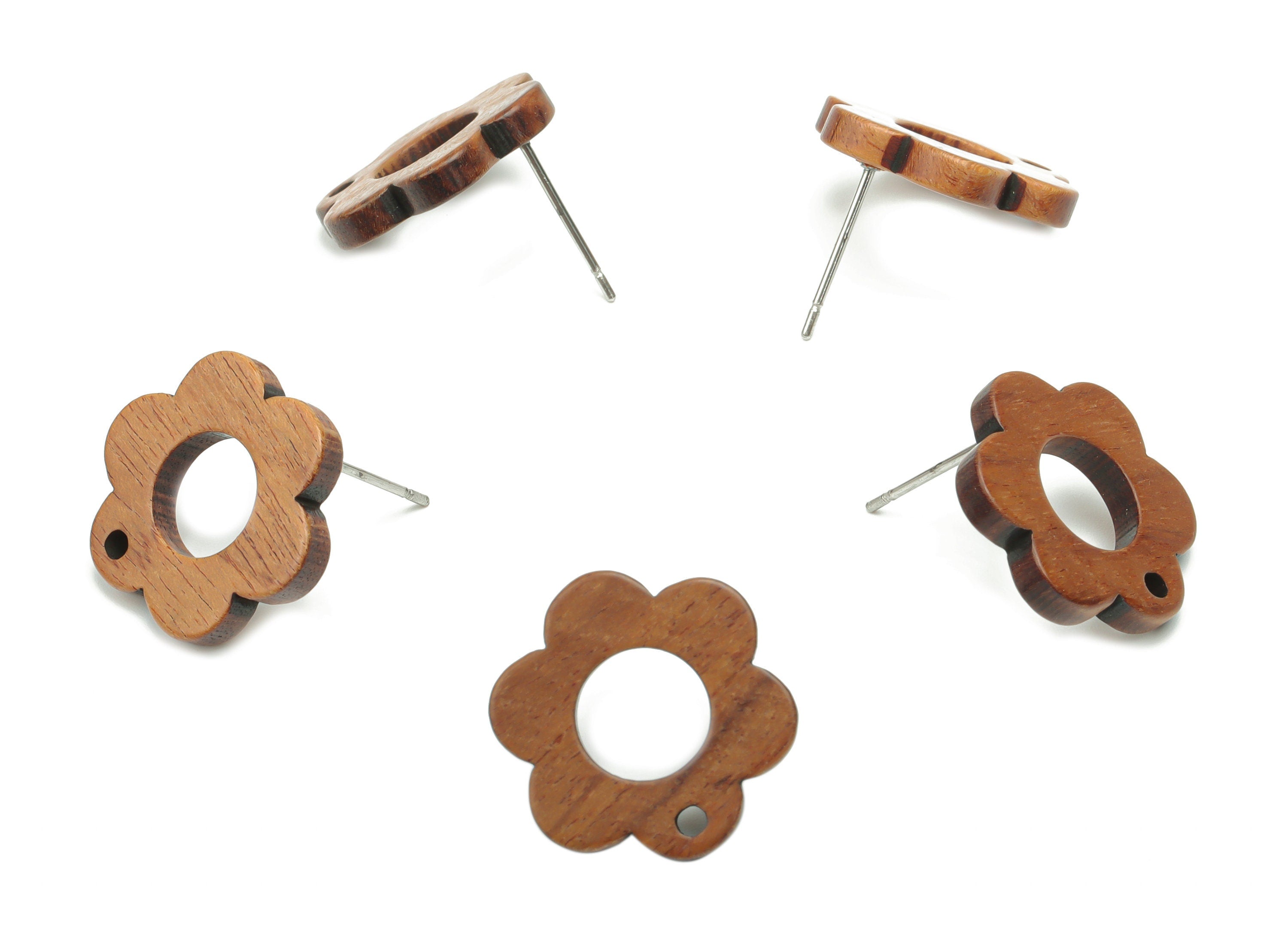 Walnut Wood Flower Hoop Earring Stud - Walnut Wood Flower Rins Earring Post - 316 Surgical Stainless Steel - 17.43x16.3x2.5mm - BB1242 - DOMEDBAZAAR
