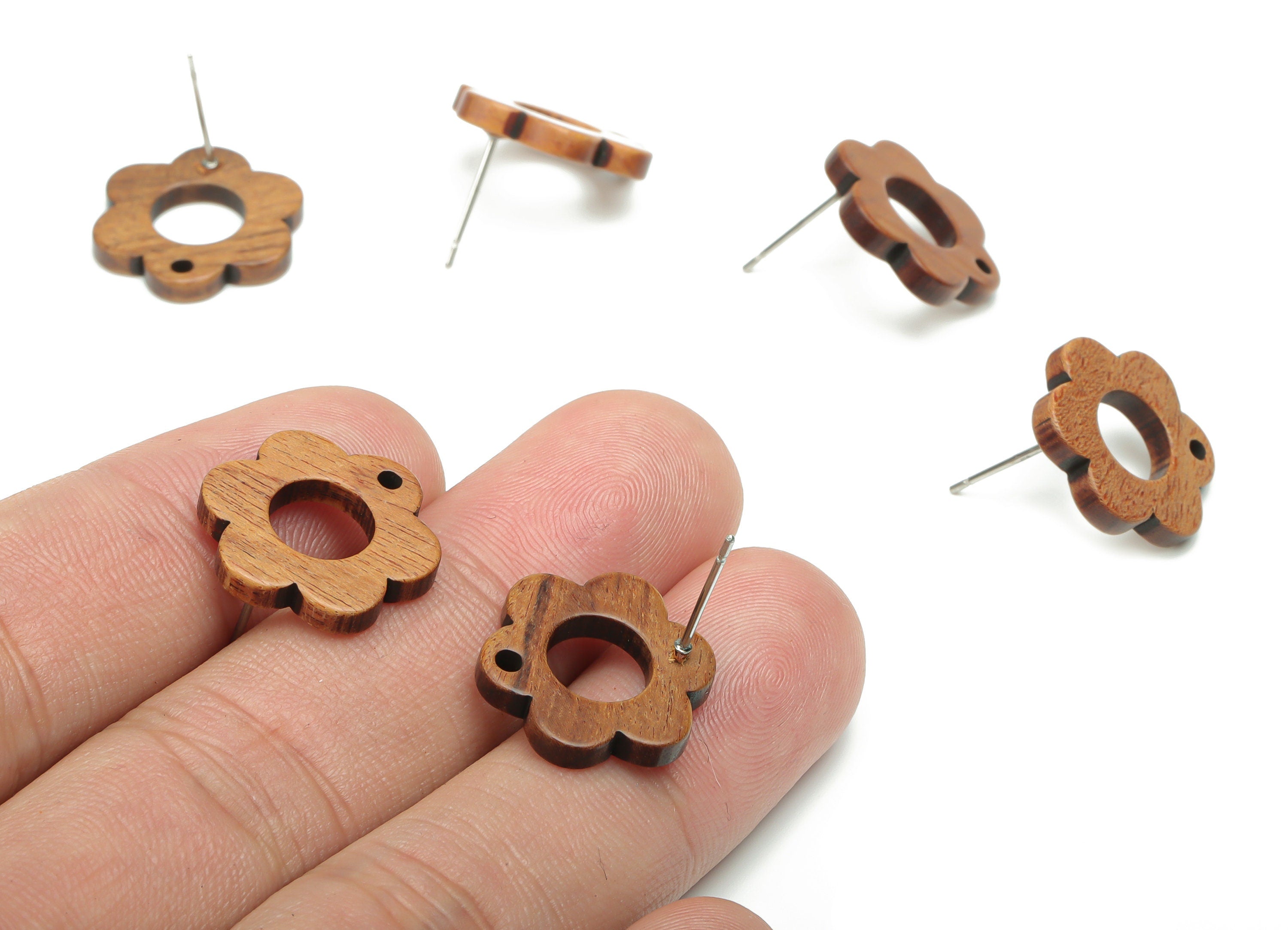 Walnut Wood Flower Hoop Earring Stud - Walnut Wood Flower Rins Earring Post - 316 Surgical Stainless Steel - 17.43x16.3x2.5mm - BB1242 - DOMEDBAZAAR
